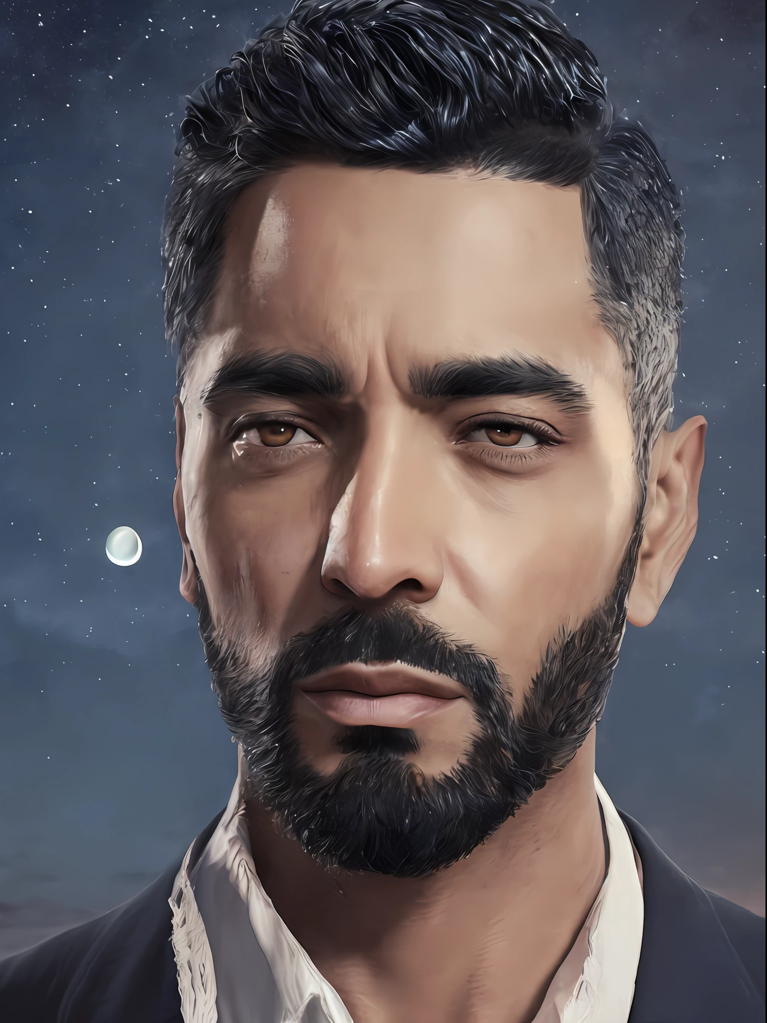 Latin man 40 years, black short hair, detailed face, beautiful face, upper body, 3/4 flat, (closeup:0.9), (skin pores:1.1), 4k, hyper-realism, realistic, hyper-realistic, high resolution, in the artistic style of Filip Hodas, 35mm lens, cinematic, soft lighting, realistic epic, faded, ((neutral colors)), (hdr:1.5), soft colors, pastel, warm lights, dramatic light, complex background, (by Irakli Nadar), rutkowski, complex details, hyperdetailed, magnificent, elegant, cinematography, serene face, Religious suit, weightless flowing hair, steampunk starry sky in the background, a moon eclipse in the background,