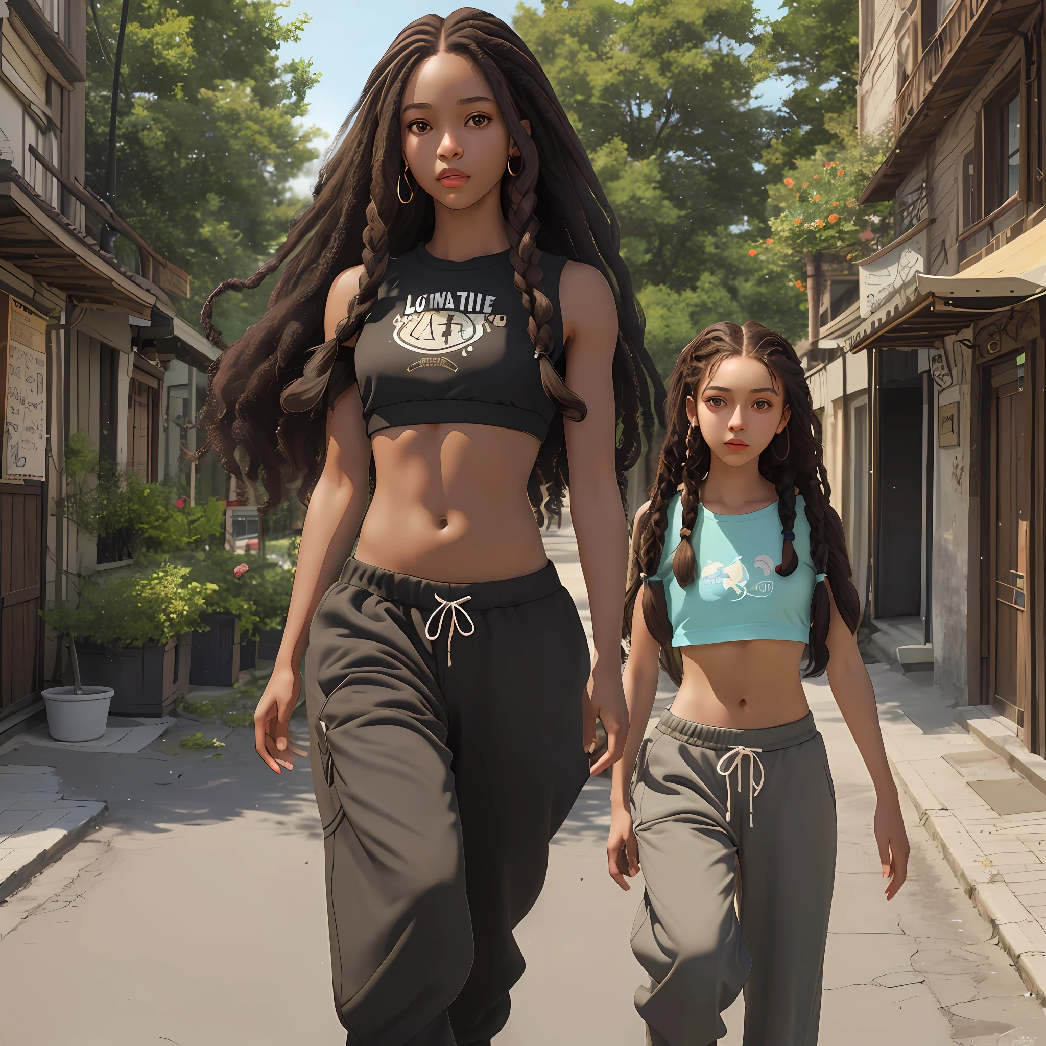 Photorealist, 8k, brunette girl, 21 years old, thin, medium breasts, long hair, African braids, curly hair, hair fulfilled, brown eye, small eyes, thin eyebrows, small mouth, thick lips, black top, sweatpants, belly button out, muscular belly, thin waist, large trasero, walking down the street