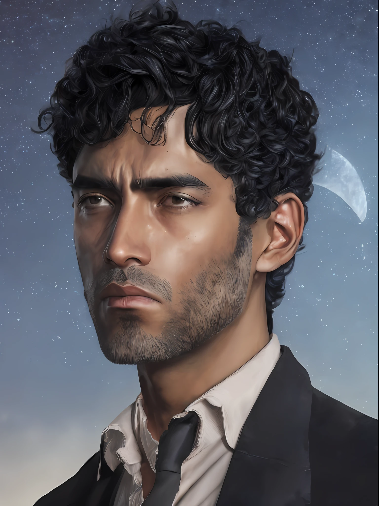 Latin man 40 years, black short hair, detailed face, beautiful face, upper body, 3/4 flat, (closeup:0.9), (skin pores:1.1), 4k, hyper-realism, realistic, hyper-realistic, high resolution, in the artistic style of Filip Hodas, 35mm lens, cinematic, soft lighting, realistic epic, faded, ((neutral colors)), (hdr:1.5), soft colors, pastel, warm lights, dramatic light, complex background, (by Irakli Nadar), rutkowski, complex details, hyperdetailed, magnificent, elegant, cinematography, serene face, Religious suit, weightless flowing hair, steampunk starry sky in the background, a moon eclipse in the background,