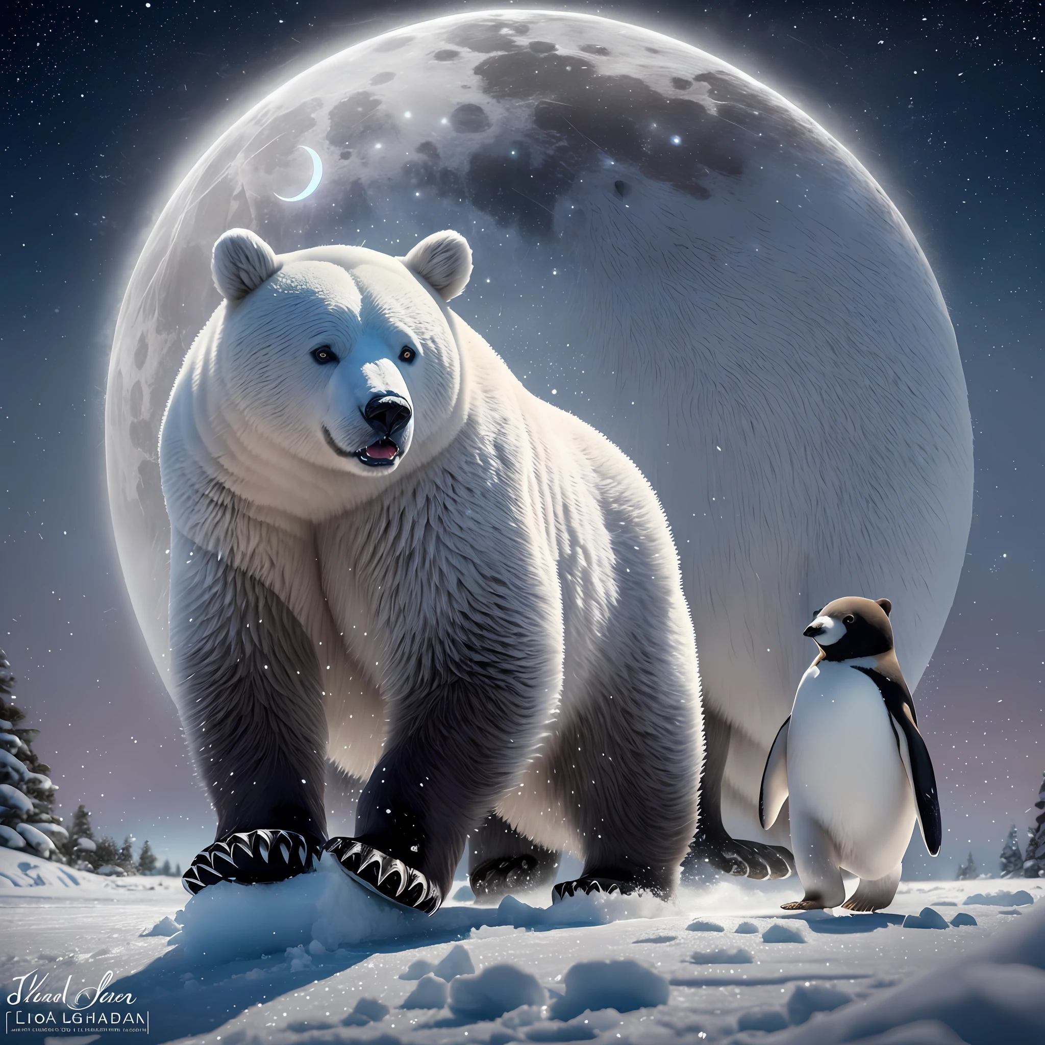Big bear, polar coerbraanc, walking on snow, next to a bleeding penguin, blue eyes, dark image background with moon ray, sharp photo, extramally realistic, shadows, aggressiveness, cruelty, cute bear, explosion image. Lighting 4K Ulltra Visiom, Full Moon and Luminada Rosa. Bear focused on the viewer, furious.