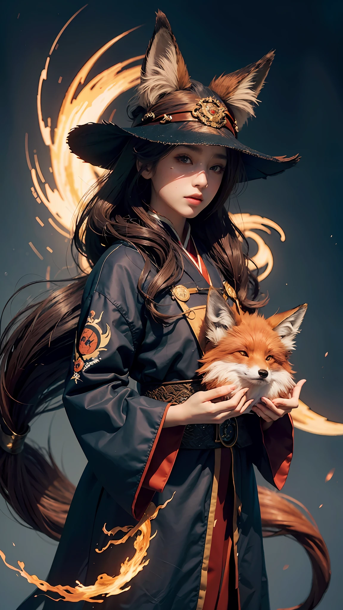 1girl,solo,
official art, unity 8k wallpaper, ultra detailed, beautiful and aesthetic, beautiful, masterpiece, best quality,
Kitsune witch, fox mask, haori jacket, foxfire spell, fox familiar, transformation,