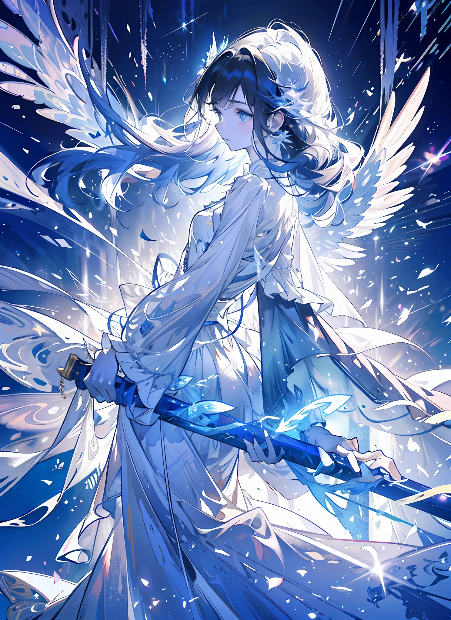 An angel is depicted with a pale and luminous complexion, their skin seemingly glowing with an otherworldly radiance. They are adorned with a pair of sparkling and graceful wings, symbolizing their divine nature. The scene is ethereal and enchanting, capturing the beauty and mystery of these celestial beings. angel, pale, luminous, complexion, glowing, otherworldly, radiance, sparkling, graceful, wings, divine, ethereal, enchanting, beauty, mystery.upper body,