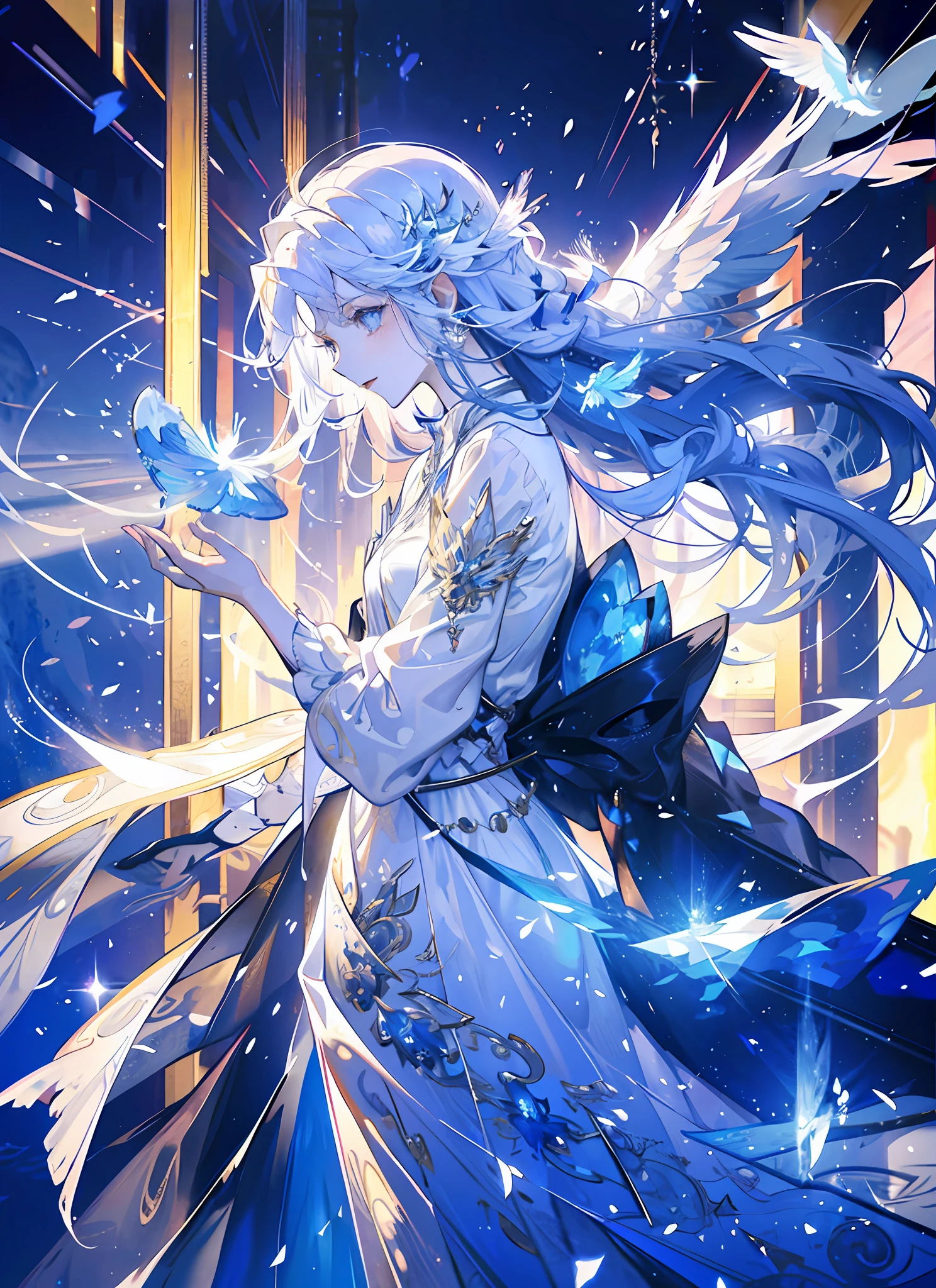 An angel is depicted with a pale and luminous complexion, their skin seemingly glowing with an otherworldly radiance. They are adorned with a pair of sparkling and graceful wings, symbolizing their divine nature. The scene is ethereal and enchanting, capturing the beauty and mystery of these celestial beings. angel, pale, luminous, complexion, glowing, otherworldly, radiance, sparkling, graceful, wings, divine, ethereal, enchanting, beauty, mystery.upper body,