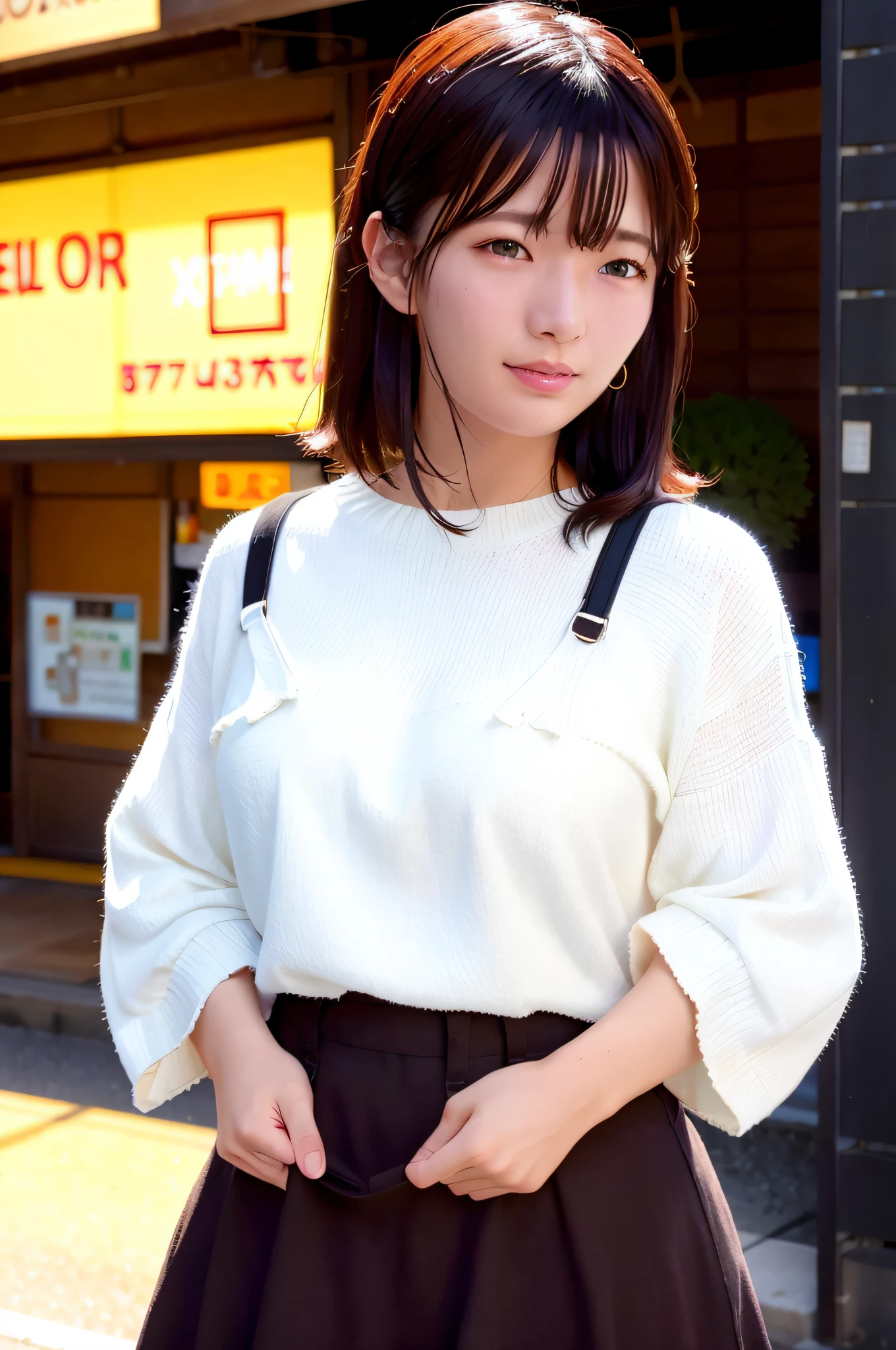 (skin blemish:1.2), (skindentation), black eye, 1woman, 25yo, (((woman))), solo, realistic, best quality, photorealistic, masterpiece, 8k, high res, solo, extremely detailed face, (professional lighting, bokeh), (light particles, lens flare, glowing particles:0.6), (dynamic pose:1.2), soft lighting, top angle view, fashionable and trendy atmosphere, japan, street, tokyo, city, ((daytime)), sky, ((looking at the viewer:1)), (looking at the camera),(portrait:0.6), cowboy shot, gorgeous, standing, keep original facial proportion, wide shoulder, full body, (medium breast), (medium hair), brown hair, floating hair, seductive smile, lips, lipstick, open mouth, teeth, laugh, floating hair, (sleeves-less white blouse), (jumper skirt), eyelashes, mole, (mole under eye:1),