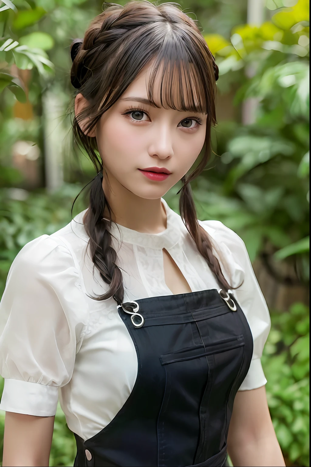 ((Best Quality:1.2, 8k, photo realistic:1.4, Masterpiece:1.2, super fine :1.2, caustics:1,2, a beautiful women, Highly Detailed face Textures, detailed beauty makeup, realistic skin, detailed double eyelids, detailed bangs)), (Overalls:1.2), (greenhouse background), (kind smile), (detailed Brilliant shiny black braided bun hair), gravure pose, cowboy shot