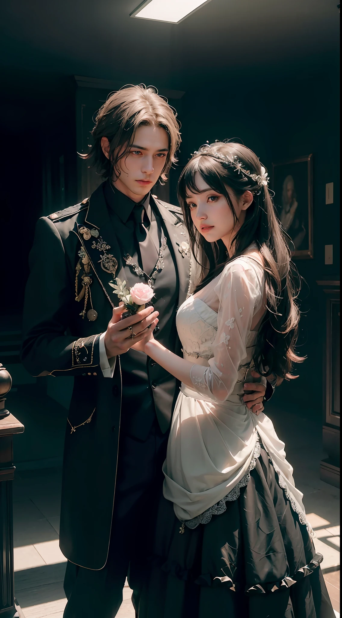 ((Best quality)), ((masterpiece)), (detailed:1.4), male and female couple, 3D, an image of a sweet young couple wearing black wedding outfits, HDR (High Dynamic Range),Ray Tracing,NVIDIA RTX,Super-Resolution,Unreal 5,Subsurface scattering,PBR Texturing,Post-processing,Anisotropic Filtering,Depth-of-field,Maximum clarity and sharpness,Multi-layered textures,Albedo and Specular maps,Surface shading,Accurate simulation of light-material interaction,Perfect proportions,Octane Render,Two-tone lighting,Wide aperture,Low ISO,White balance,Rule of thirds,8K RAW,