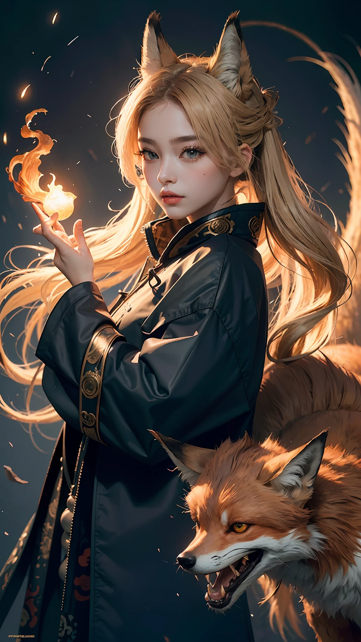 1girl,solo,
official art, unity 8k wallpaper, ultra detailed, beautiful and aesthetic, beautiful, masterpiece, best quality,
Kitsune witch, fox mask, haori jacket, foxfire spell, fox familiar, transformation,