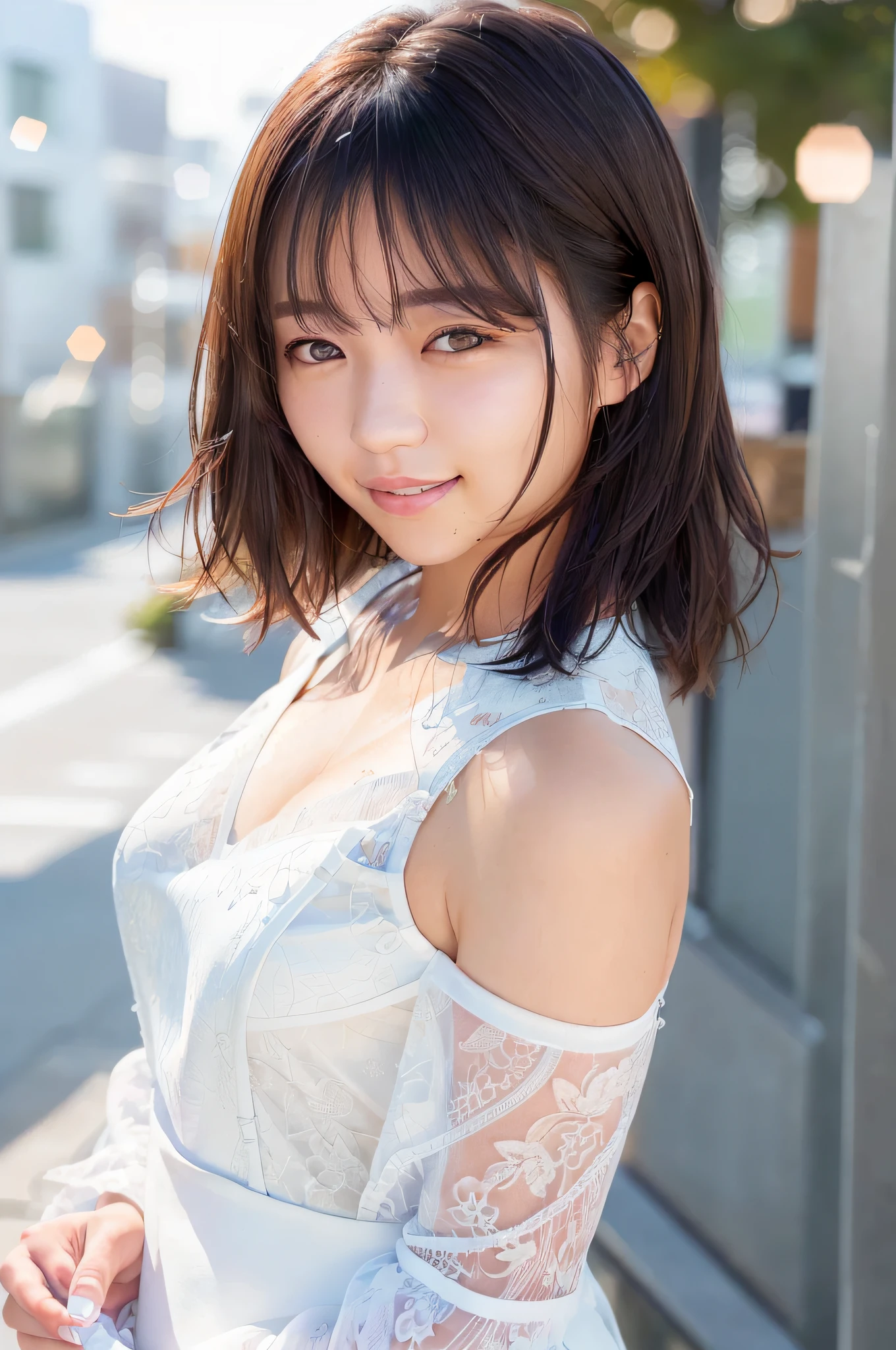 (Skin Blemishes: 1.2), (Skin Dent), Black Eyes, 1 Woman, 25 years old, ((((Female))), Solo, Realistic, Best Quality, Photorealistic, Masterpiece, 8K, High Resolution, Solo, Highly Detailed Face, (Pro Lighting, Bokeh), (Light Particles, Lens Flare, Luminous Particles: 0.6), (Dynamic Pose: 1.2), Soft Lighting, Top View Angle, Fashionable and trendy atmosphere, Japan, street, Tokyo, ((daytime)), sky, ((viewer's point of view: 1)), (camera perspective), (portrait: 0.6), cowboy shot, gorgeous, standing figure, maintain original facial proportions, wide shoulders, full body, (small breasts), (medium hair), brown hair, floating hair, lips, lipstick, seductive smile, floating hair, smile, open mouth, teeth, eyelashes , moles, (moles under the eyes: 1),