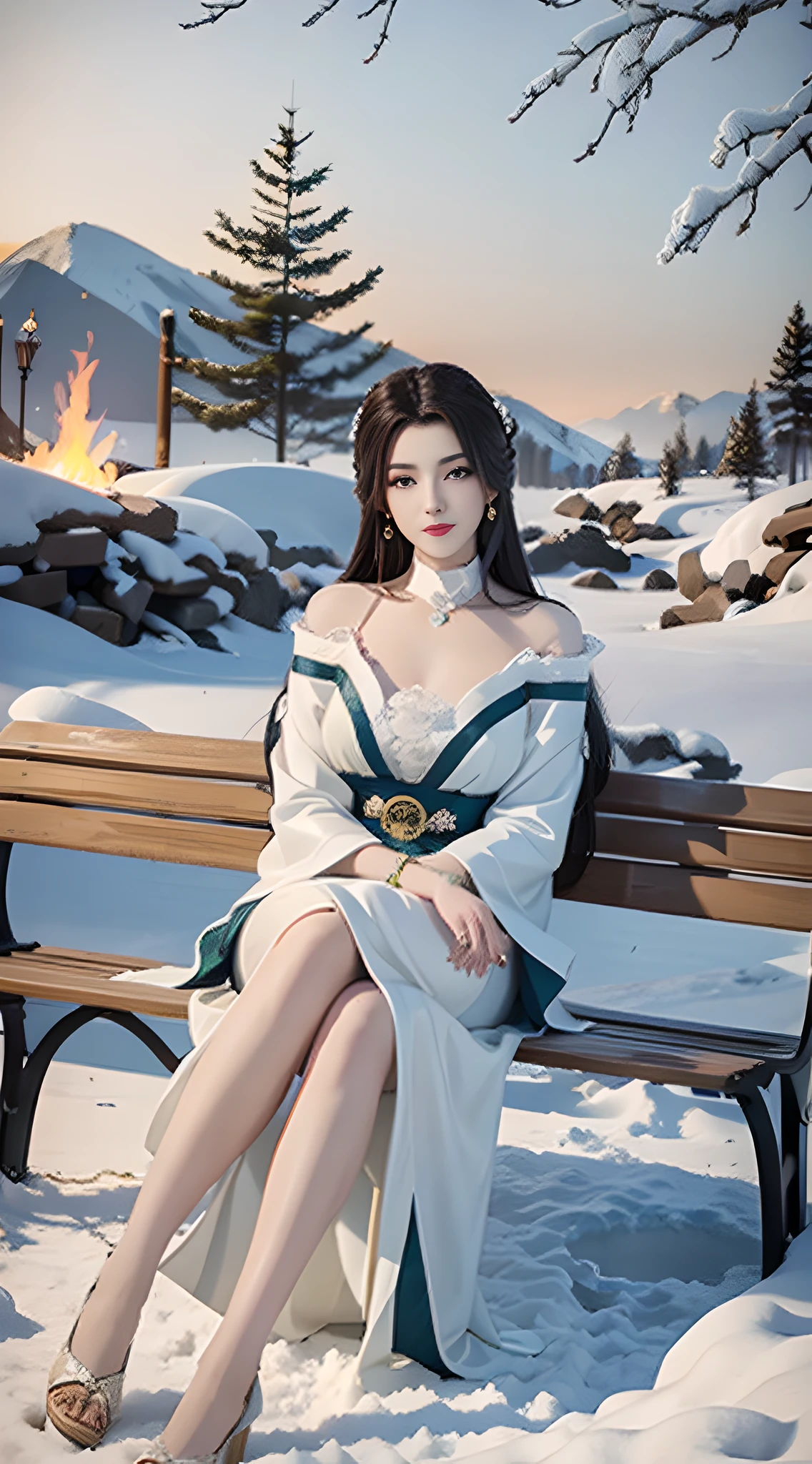 A beautiful and charming woman, leaning alone on a bench, under the light of the fire, her complexion is crystal clear like jade, like a crescent moon, like flowers and trees piled up with snow. When it is tactful, it is glamorous.