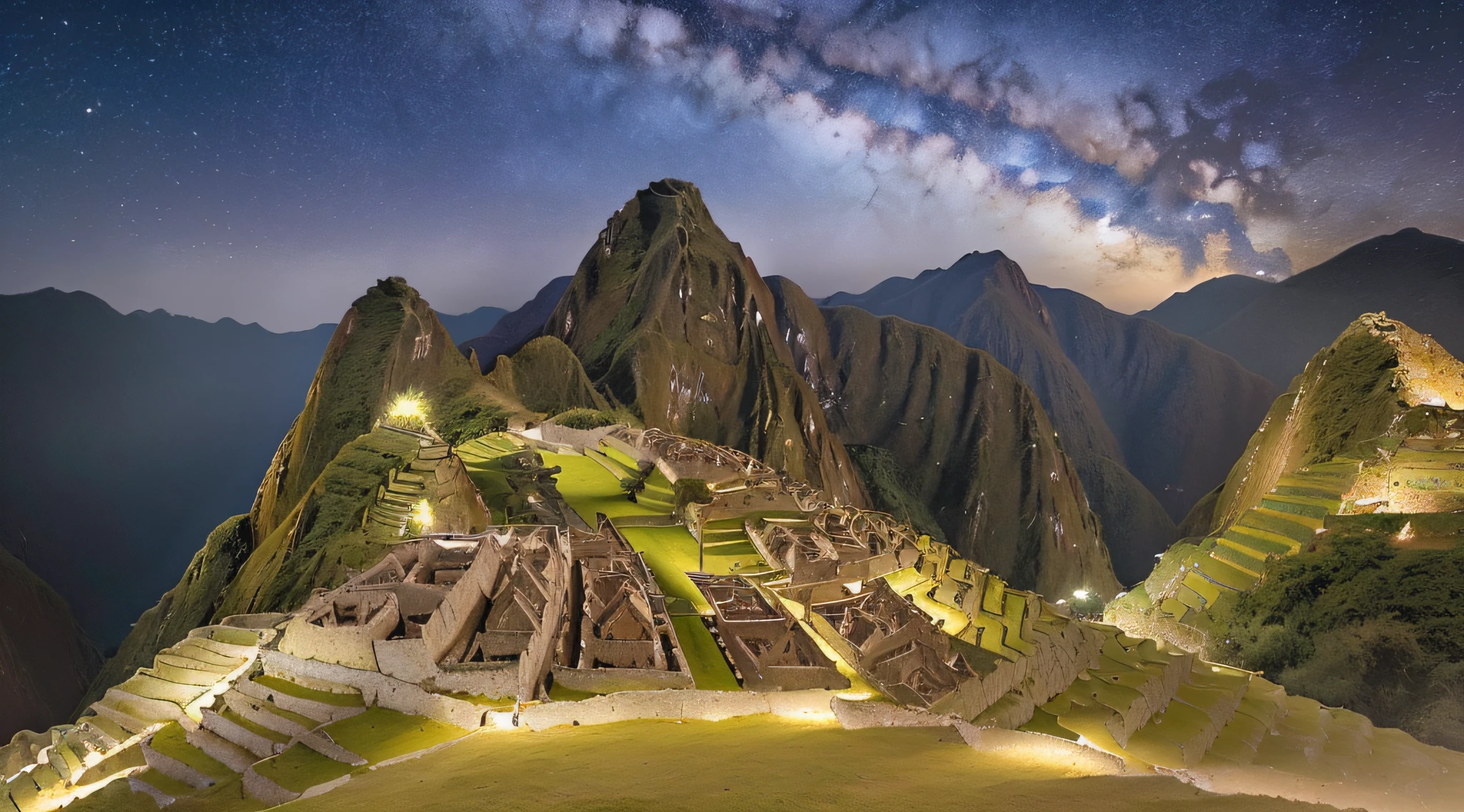 masterpiece,(photography of Machu Picchu in the dark with lamps),realistic,4k,extremely detailed,award-winning,most stunning,(at night),(milky way),(ultrawide angle)