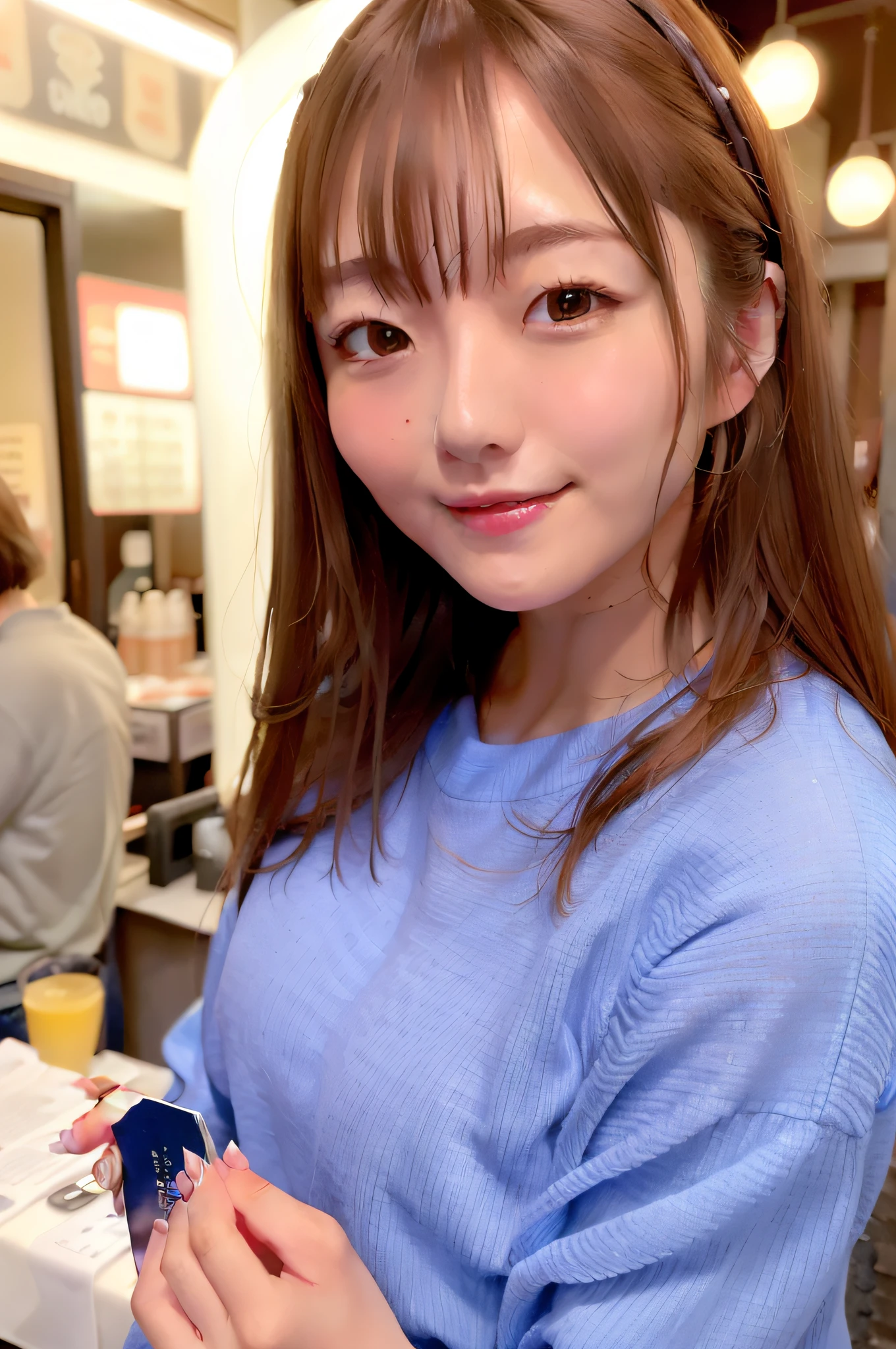 (skin blemish:1.2),1women, 28 yo, (((woman))), (skindentation), gorgeous, solo, realistic, best quality, photorealistic, masterpiece, 8k, high res, solo, extremely detailed face, cowboy shot, bust shot, passport photo, fullface, (professional lighting, bokeh), (light particles, lens flare, glowing particles:0.6), (dynamic pose:1.2), soft lighting, top angle view, fashionable and trendy atmosphere, japan, tokyo, ((nighttime)), ((looking at the viewer)), (looking at the camera),(portrait:0.6), standing, upper body, facial close up, (small breast:1), (long hair), brown hair, floating hair, nose, lips, lipstick, seductive smile, floating hair, mole, smile, teeth, (mole under eye:1.2), sweater, jacket, skirt,