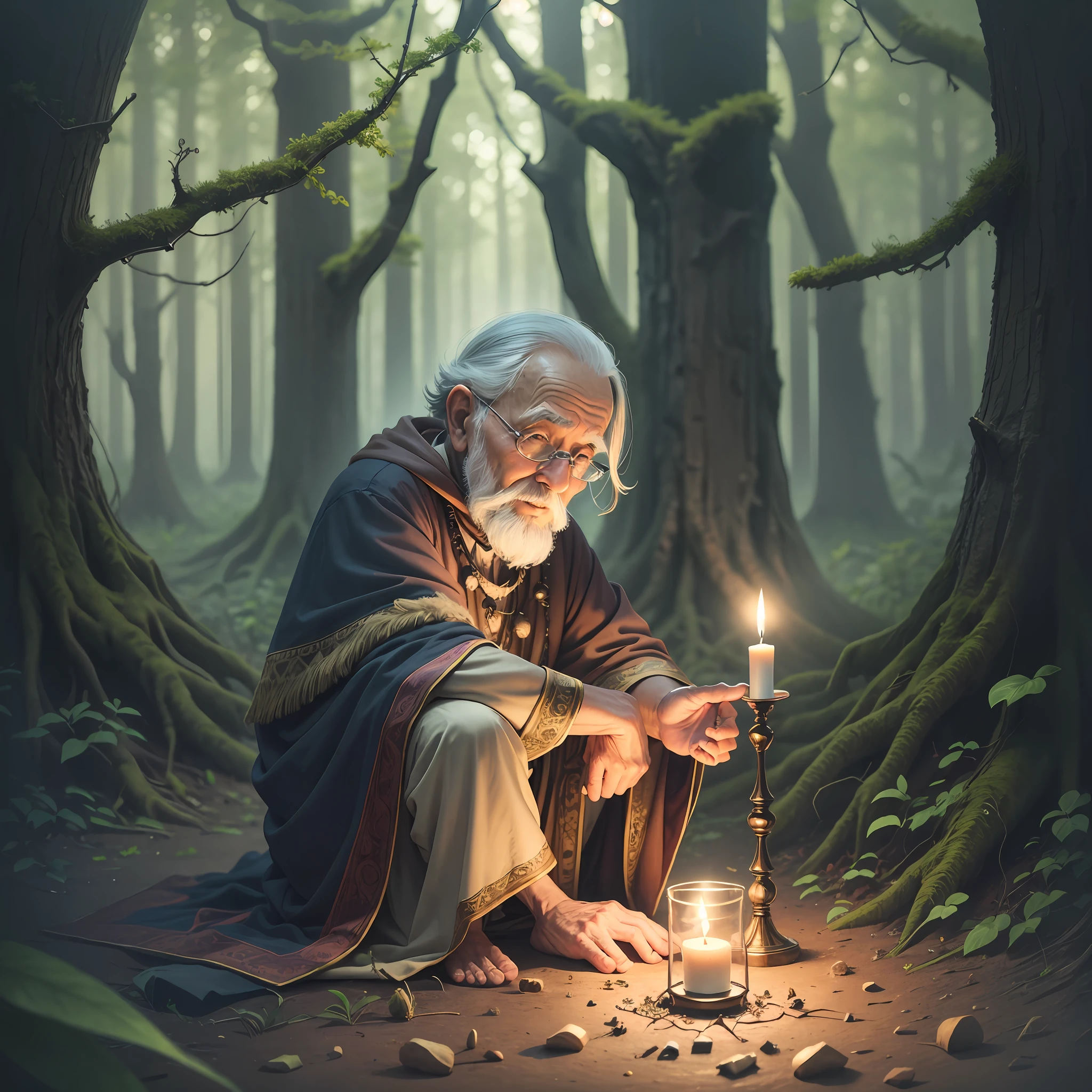 wise old man, with a candle lit, in the midst of the forest, --auto --s2