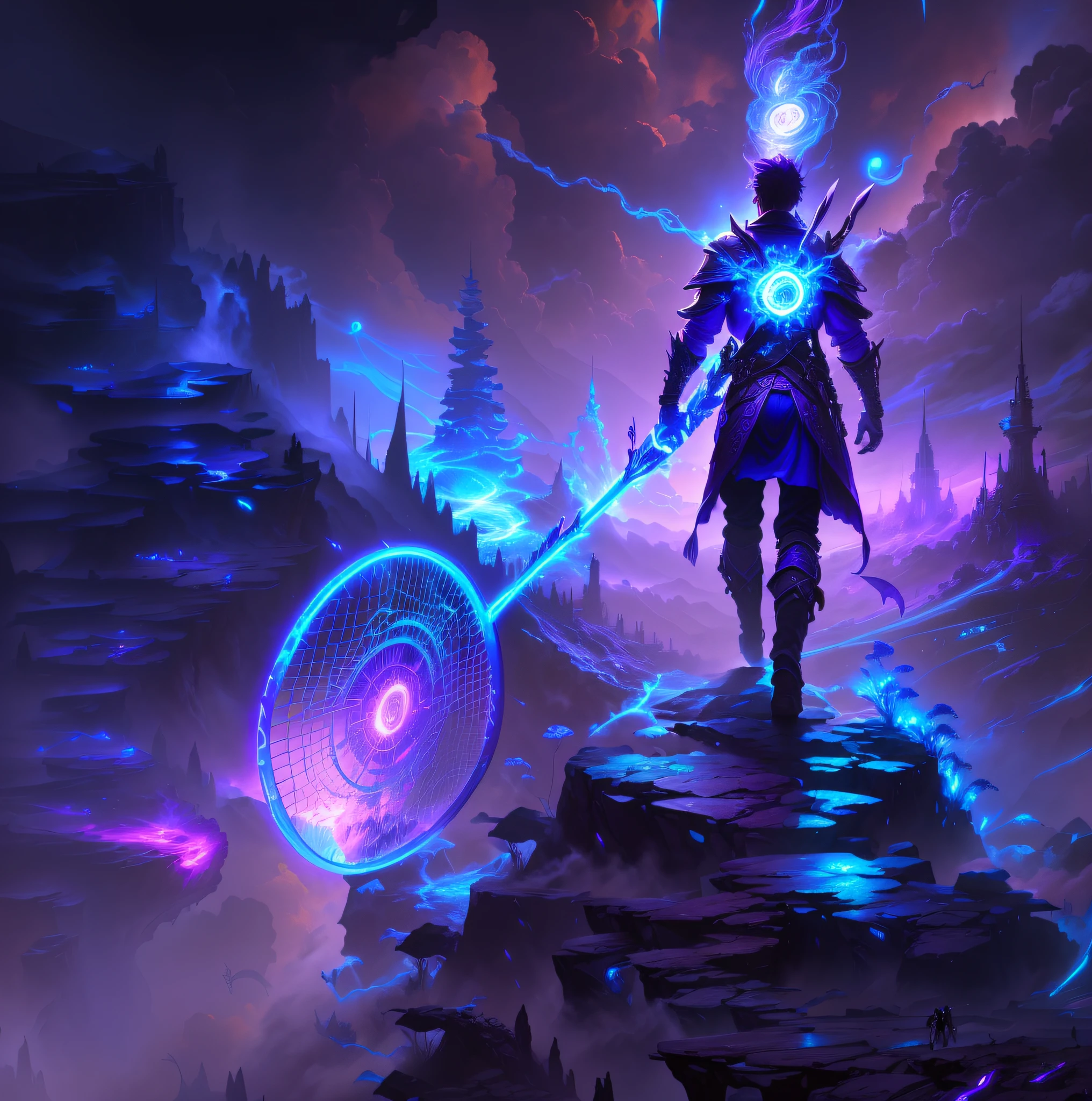 There is a man standing on the rock holding a tennis racket, purple epic fantasy digital art style, numenera, epic fantasy art style, epic fantasy art style HD, detailed digital 2D fantasy art, digital 2D fantasy art, magic gathering art style, fantasy art style, spelling break, 8K fantasy art, fantasy game art style, epic fantasy sci-fi illustration