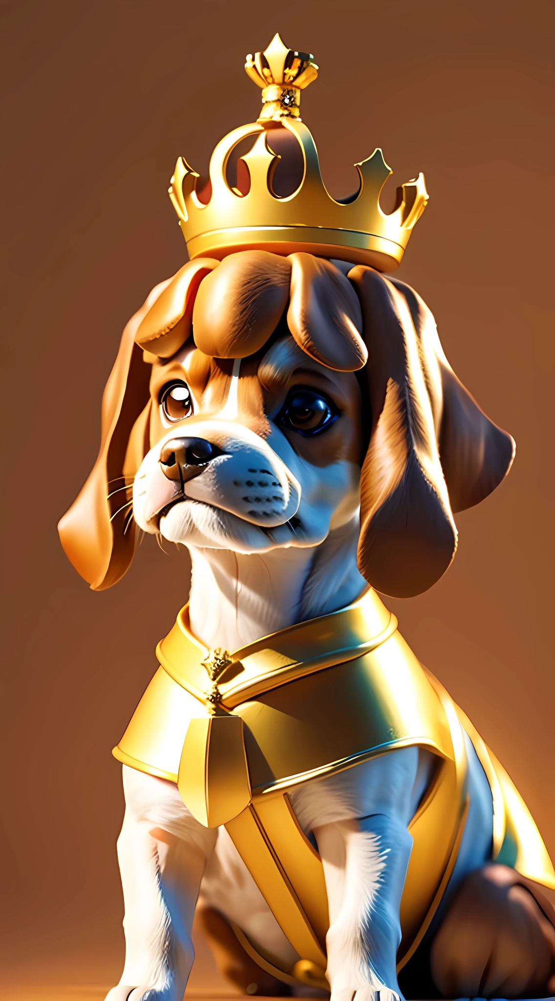 HD quality, Vector graphics: 1.2, soft light and background, cinematic style, a dog with a crown, highlighting hair lines, showing front