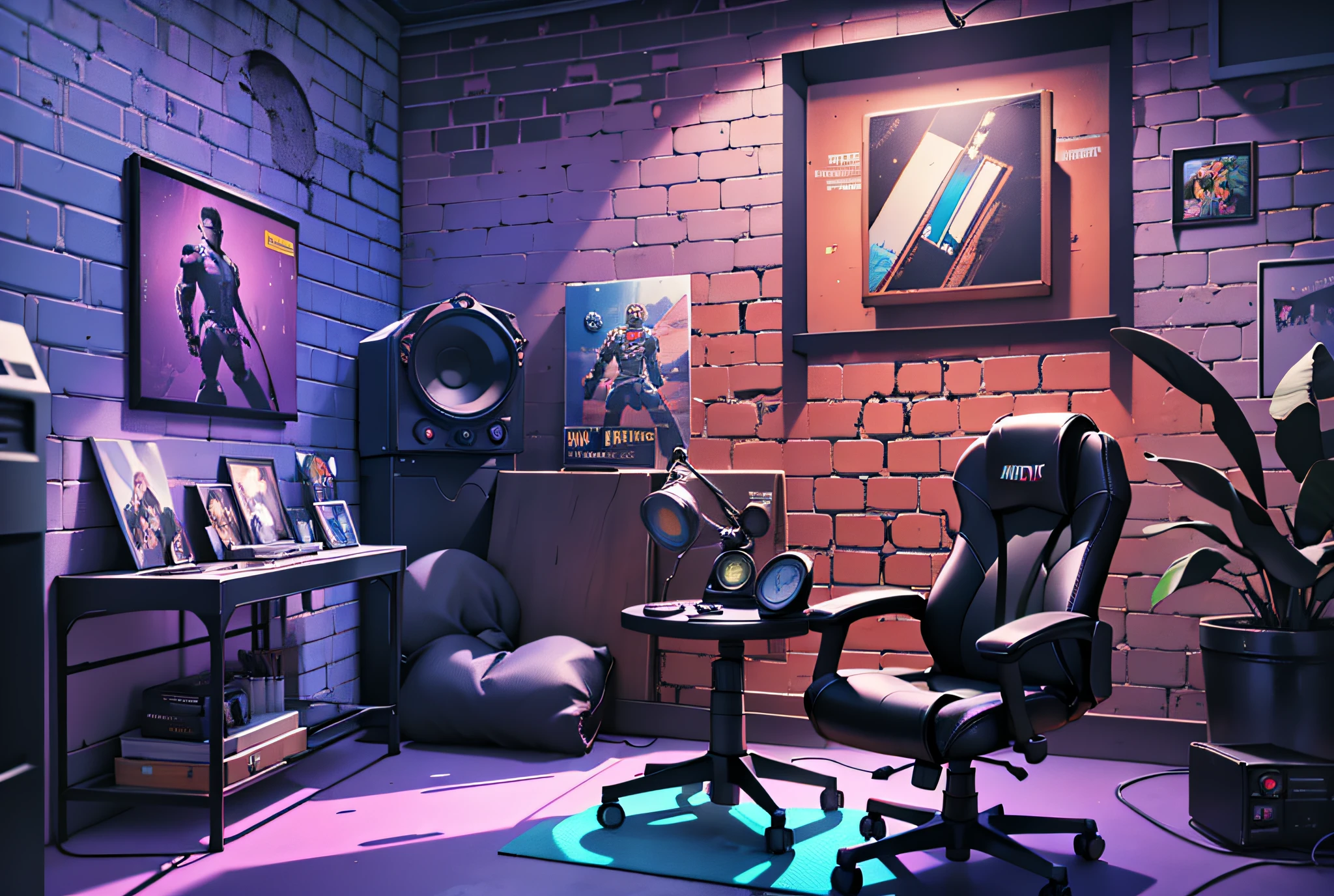 Recording studio, vibrant and unique environment for your podcast. The room is lit by lilac neon lights, with a brick wall as a chrome backdrop. On the shelf, there are action figures and digital art in NFT format cut hanging, picture frames with minimalist pop heroes, posters, leather chair and round table for guests, microphone decorated by interior designer;