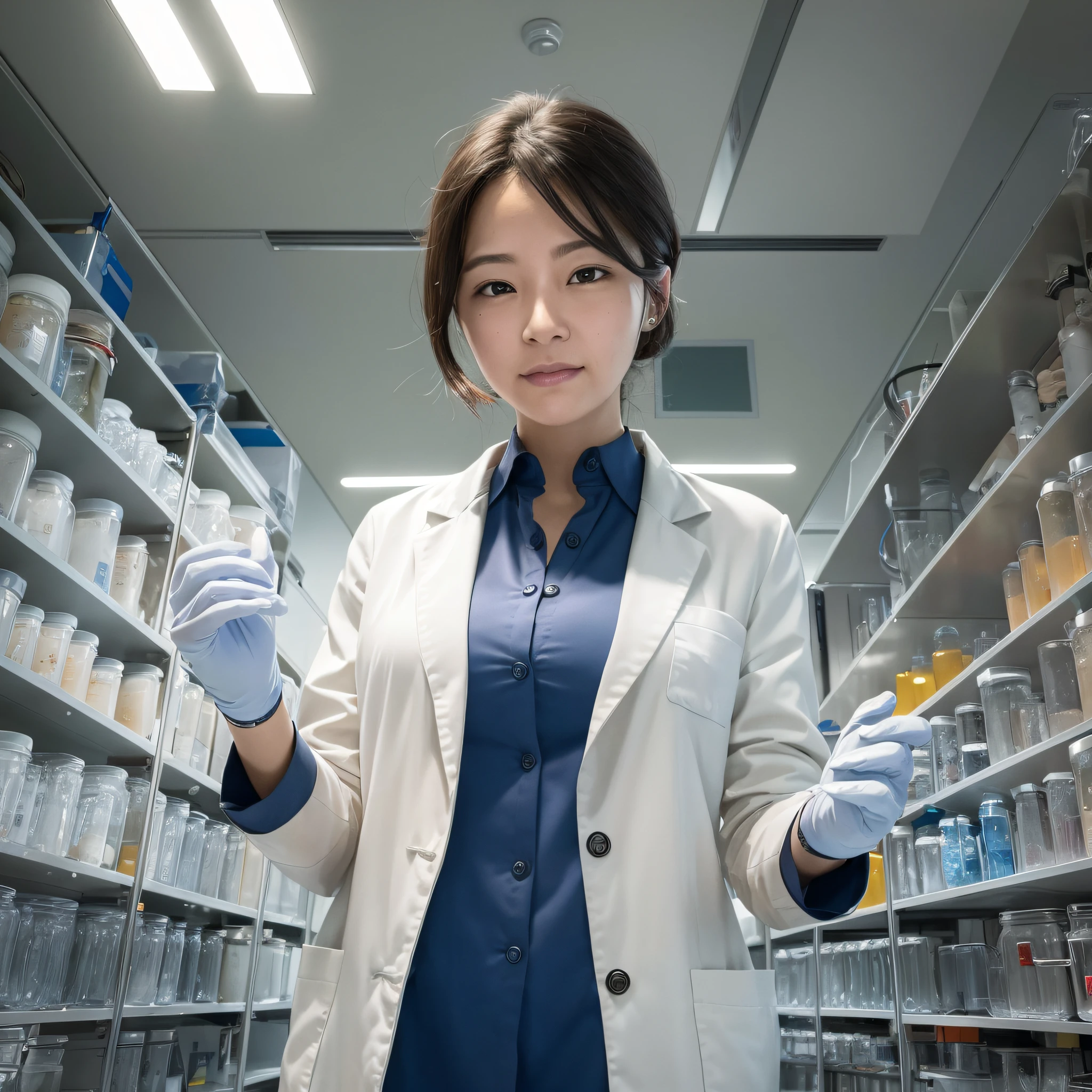 While walking through the lab, the woman scientist comes across an experiment that seems to be going wrong. Without hesitation, she quickly puts on gloves and begins to investigate. With her vast experience and knowledge, she is able to identify and solve the problem in a matter of minutes. Her colleagues watch her in awe as she smiles satisfied with the success of her intervention. --auto --s2