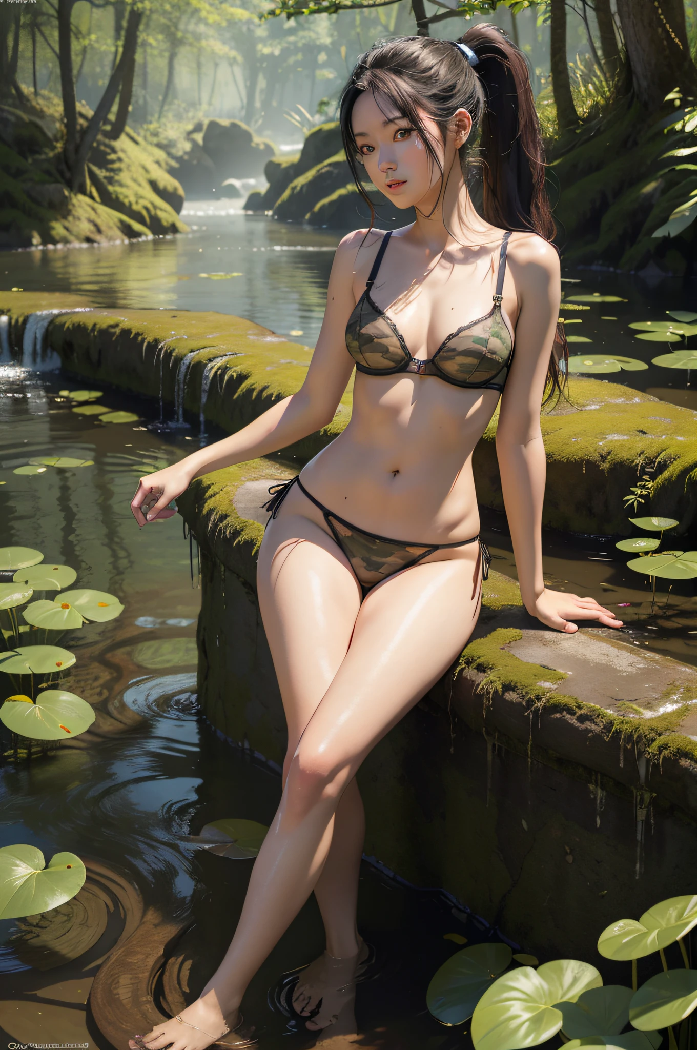 nsfw: 1.5, masterpiece, highest quality, high quality, high resolution, high quality textures, high quality shadows, high detail, beautiful detail, detailed detail, highly detailed CG, detailed texture, realistic representation of face, realistic, colorful, delicate, (realistic, photorealistic: 1.37), highly detailed CG Unity 8k wallpaper, absurd, incredibly absurd, full body, Woman walking, 24 years old, Japan model, cinematic light, side light, lens flare, ray tracing, (intricate details, makeup, PureErosFace_V1:0.5), (small breasts), (clearly visible the shape of the tip of the), (areola shape clearly visible), (pubic shape clearly visible), (bristly pubic hair), (see-through lingerie), (high-cut panties), (T-back panties), (mini-bra), (camouflage lingerie: 1.5), (Japan people), (detailed and beautiful delicate face), detailed and beautiful and delicate eyes, face with perfect proportions, highly detailed skin, detailed skin, up to four fingers and one thumb relationship, arms under the chest, wide hips, smooth abdomen, thin, forest, swamp, (deep swamp))), Mother Nature, ( (Woman in a swamp up to her waist: 1.4)), ((Water plants filling her feet)), Swamp with a lot of water plants, good condition, (Full body angle), ((ponytail))