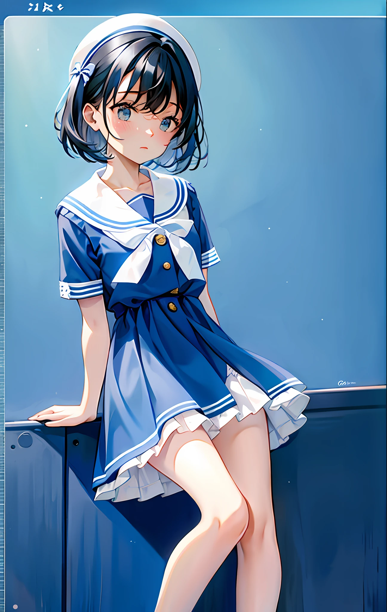 Blue dress, blue dress like a sailor suit, white large ribbon on the chest, blue top, blue skirt, 6 white buttons in the center of the dress, 1 blue line on the collar, 1 blue line at the hem, short sleeves, white maid headband, black socks, knee-high socks, top and bottom blue dress, standing figure, black hair, hairstyle bob,