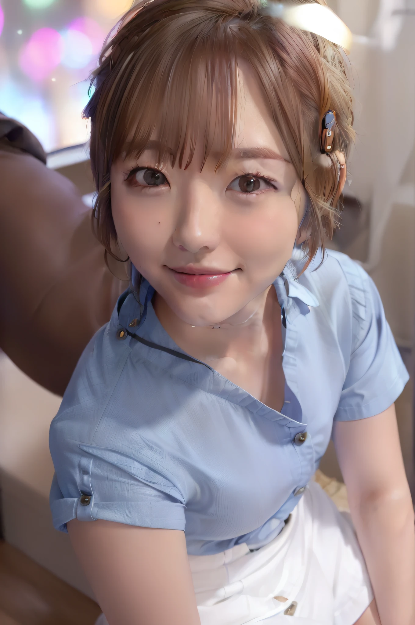 (skin spots: 1.2),1 female, 26 years old, ((((female))), (skin dentation), gorgeous, solo, real, best quality, photorealism, masterpiece, 8K, high resolution, solo, highly detailed face, full face, (professional lighting, bokeh), (light particles, lens flares, glowing particles: 0.6), (dynamic pose: 1.2), soft lighting, Fashionable and trendy atmosphere, Japan, Tokyo, (((viewer view)), (look at the camera), (portrait: 0.6), standing, on the waist, (small breasts: 1), (long hair), brown hair, floating hair, nose, lips, lipstick, seductive smile, floating hair, mole, smile, teeth, (moles under the eyes: 1.2), skirt, (office shirt with button (close)), (short hair:1.7),