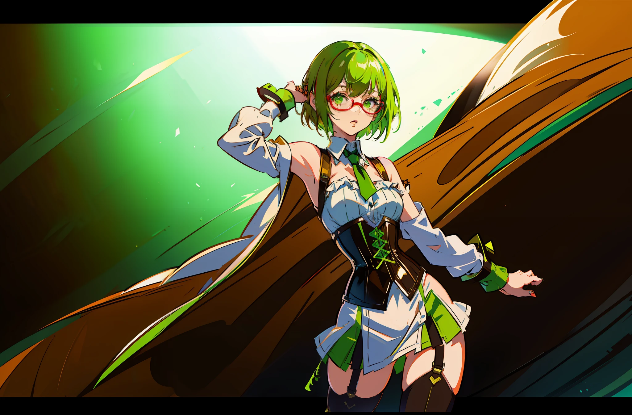 1 girl, short hair, lime green hair, red under rim glasses, white top with brown straps, brown underbust corset, brown skirt with a lime green stripe, brown thigh highs with lime green stripes.