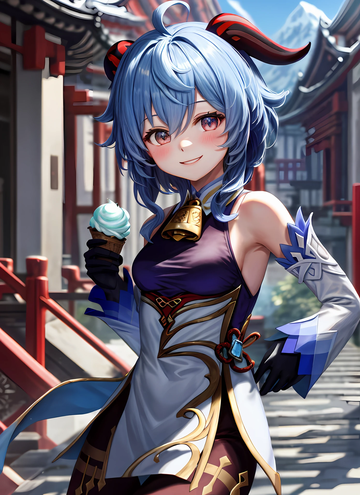ganyudef, upper body, smile, blush, outdoors, daytime, simple background, blue sky, short hair, sky, temple, eating ice cream, mountain, moody lights,