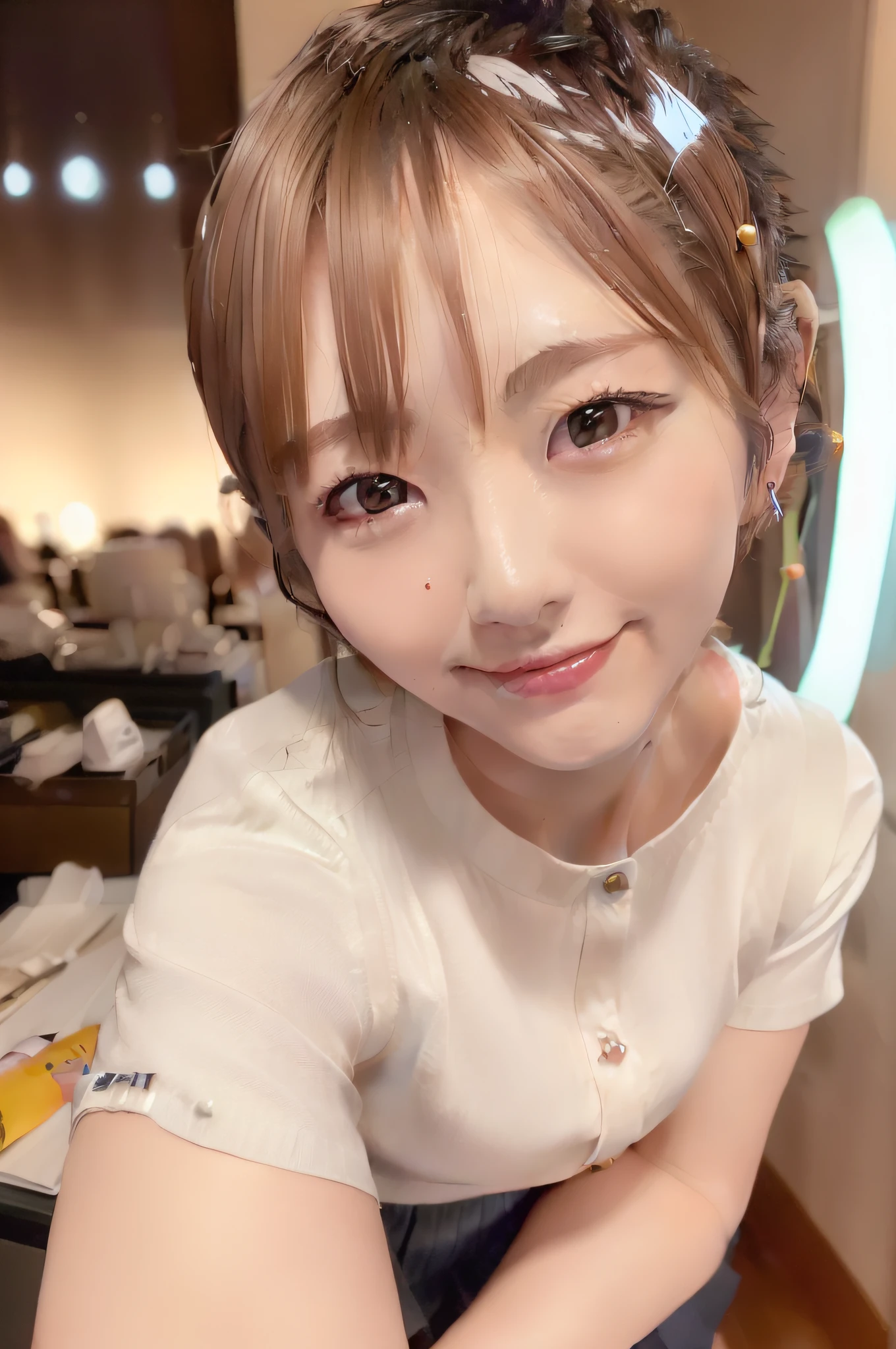(skin spots: 1.2),1 female, 26 years old, ((((female))), (skin dentation), gorgeous, solo, real, best quality, photorealism, masterpiece, 8K, high resolution, solo, highly detailed face, full face, (professional lighting, bokeh), (light particles, lens flares, glowing particles: 0.6), (dynamic pose: 1.2), soft lighting, Fashionable and trendy atmosphere, Japan, Tokyo, (((viewer view)), (look at the camera), (portrait: 0.6), standing, on the waist, (small breasts: 1), (long hair), brown hair, floating hair, nose, lips, lipstick, seductive smile, floating hair, mole, smile, teeth, (moles under the eyes: 1.2), skirt, (office shirt with button (close)), (short hair:1.7),