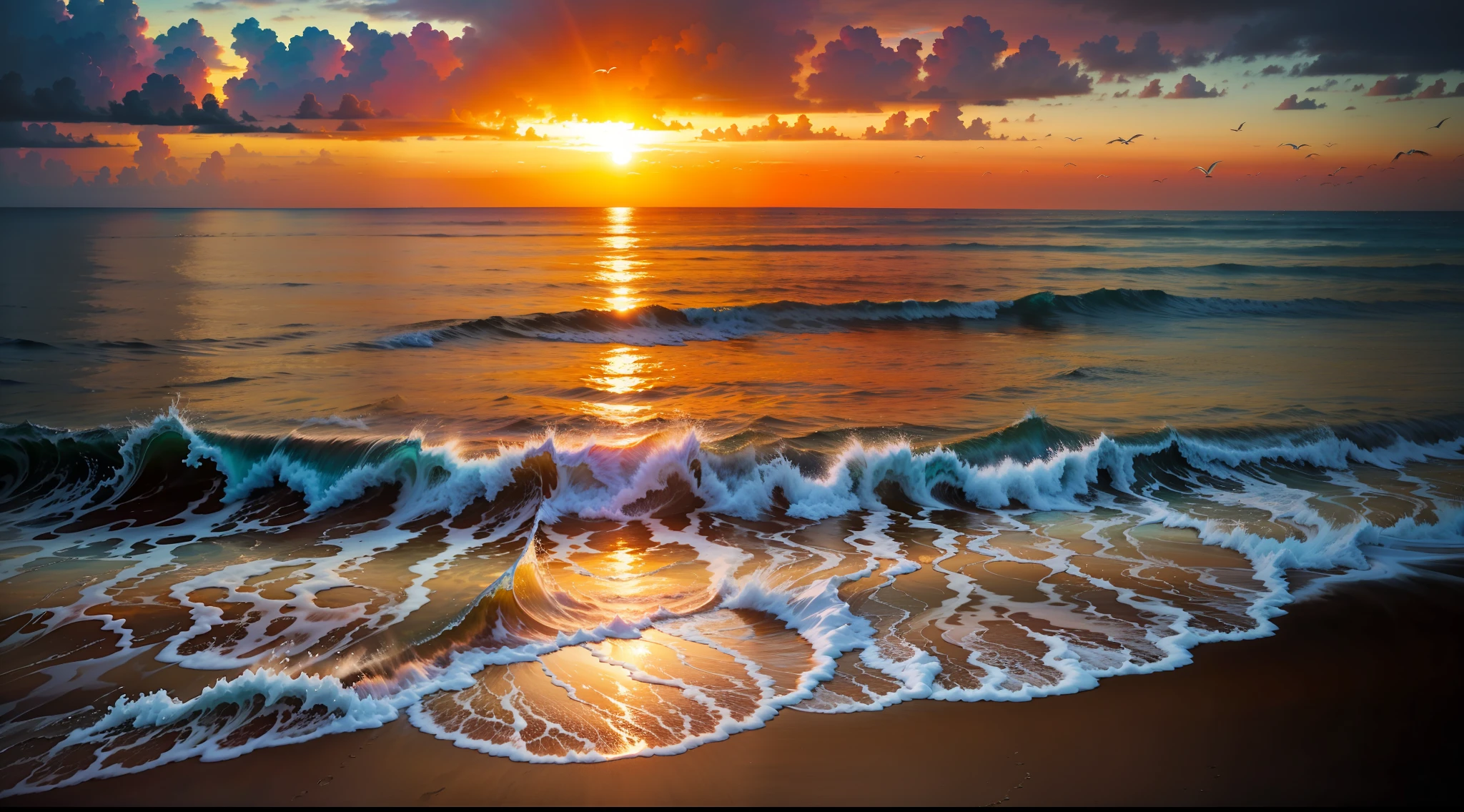 An absolutely mesmerizing sunset over the beach, with a blend of oranges, pinks, and yellows filling the sky. Crystal-clear waters of the sea gently kissing the shore, with sandy white beach stretching far and wide. The scene is dynamic and breathtaking, with seagulls soaring high in the sky and gently swaying palm trees. Take in the calming atmosphere and let the peacefulness wash over you.