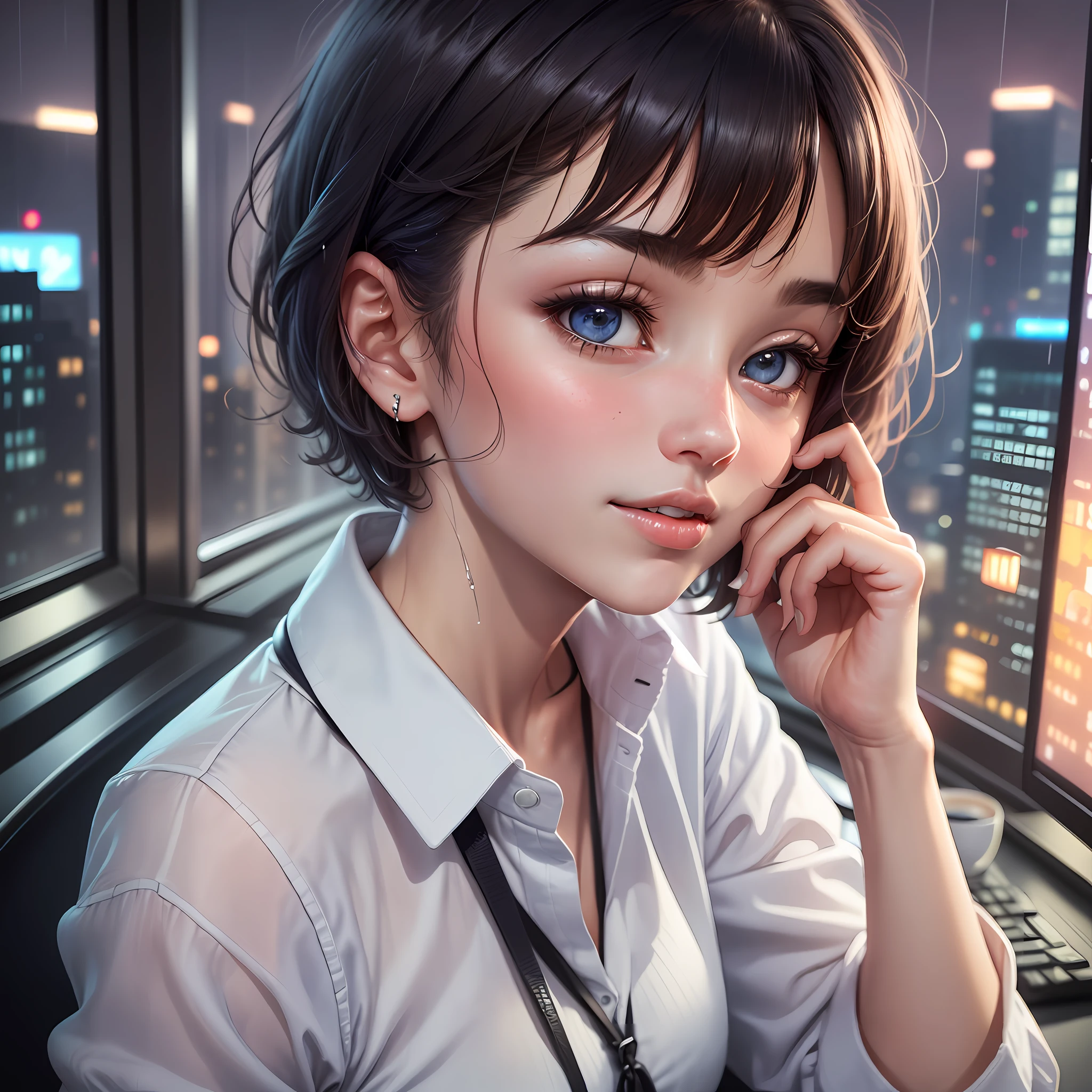 1 girl, cute, solo
Beautiful detailed sky, detailed office, night, sitting, (nose blushing) (collar shirt: 1.1), night wet, professional wear, rain, (short hair: 1.2), pureerosface v1, computer, finger details, beautiful meticulous face