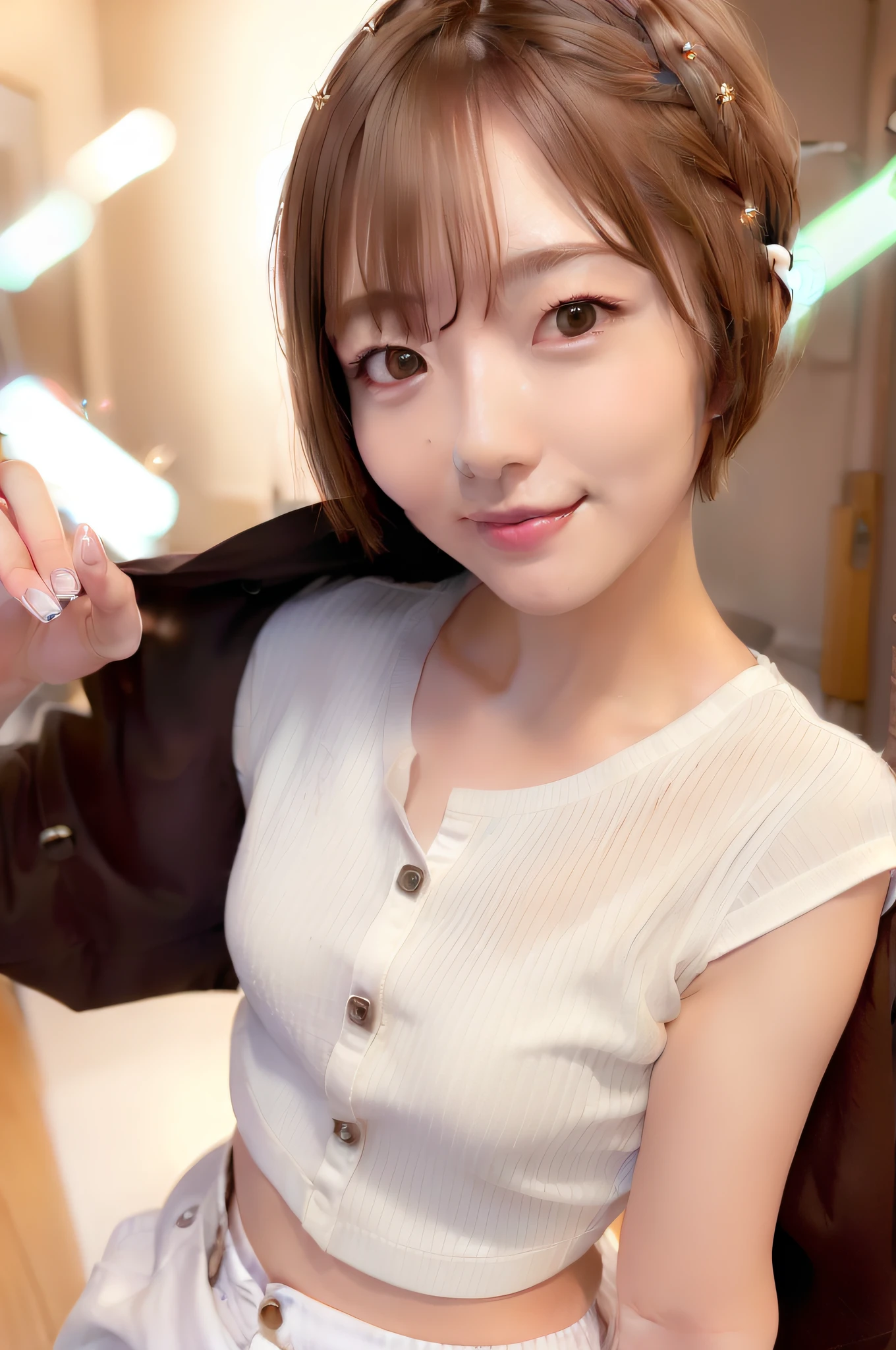 (skin spots: 1.2),1 female, 26 years old, ((((female))), (skin dentation), gorgeous, solo, real, best quality, photorealism, masterpiece, 8K, high resolution, solo, highly detailed face, full face, (professional lighting, bokeh), (light particles, lens flares, glowing particles: 0.6), (dynamic pose: 1.2), soft lighting, fashionable and trendy atmosphere, Japan, Tokyo, ((see viewer)), (look at camera), (portrait: 0.6), standing, full-body, (small breasts: 1), (long hair), brown hair, floating hair, nose, lips, lipstick, seductive smile, floating hair, mole, smile, teeth, (moles under eyes: 1.2), skirt, (office shirt with button (close)), (short hair:1.7),