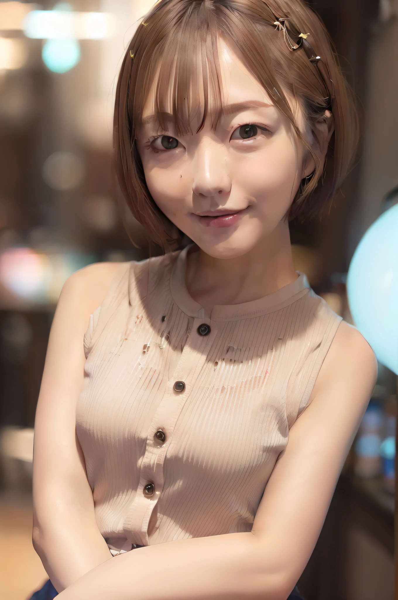 (skin spots: 1.2),1 female, 26 years old, ((((female))), (skin dentation), gorgeous, solo, real, best quality, photorealism, masterpiece, 8K, high resolution, solo, highly detailed face, full face, (professional lighting, bokeh), (light particles, lens flares, glowing particles: 0.6), (dynamic pose: 1.2), soft lighting, fashionable and trendy atmosphere, Japan, Tokyo, ((see viewer)), (look at camera), (portrait: 0.6), standing, full-body, (small breasts: 1), (long hair), brown hair, floating hair, nose, lips, lipstick, seductive smile, floating hair, mole, smile, teeth, (moles under eyes: 1.2), skirt, (office shirt with button (close)), (short hair:1.7),