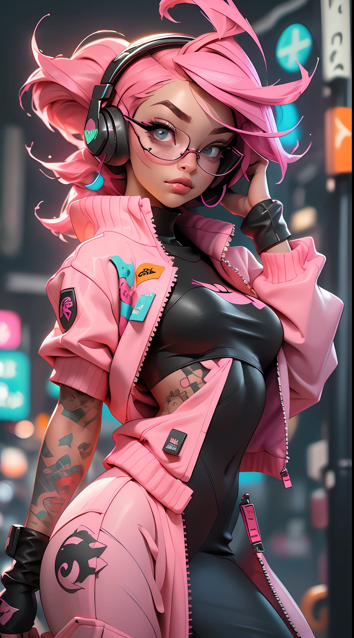 ((Best quality)), ((masterpiece)), ((realistic)) and ultra-detailed photography of a 1nerdy girl with neon headphones. She has ((pink hair)), is wearing an orange techwear jacket, and exudes a ((beautiful and aesthetic)) vibe.