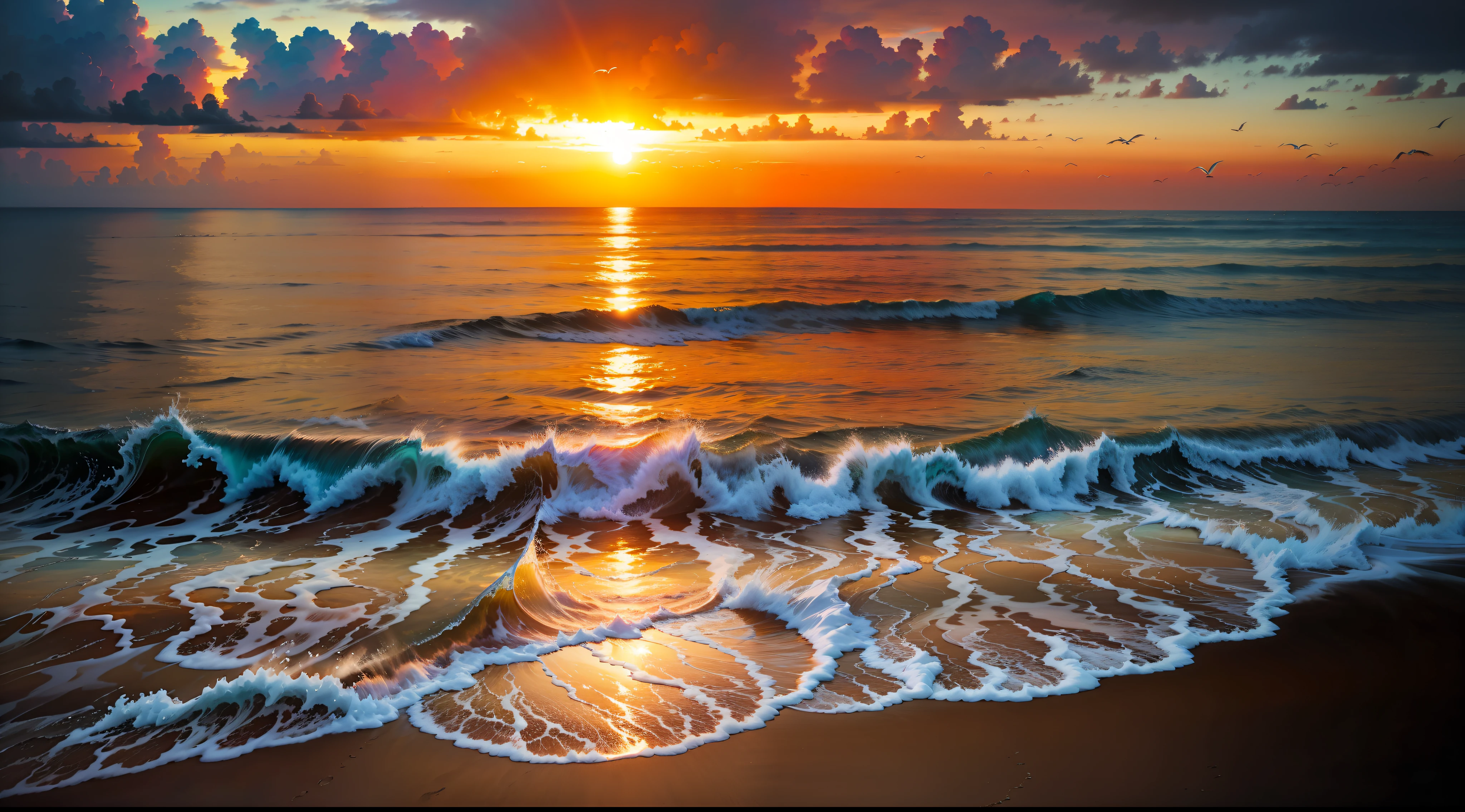 An absolutely mesmerizing sunset over the beach, with a blend of oranges, pinks, and yellows filling the sky. Crystal-clear waters of the sea gently kissing the shore, with sandy white beach stretching far and wide. The scene is dynamic and breathtaking, with seagulls soaring high in the sky and gently swaying palm trees. Take in the calming atmosphere and let the peacefulness wash over you.