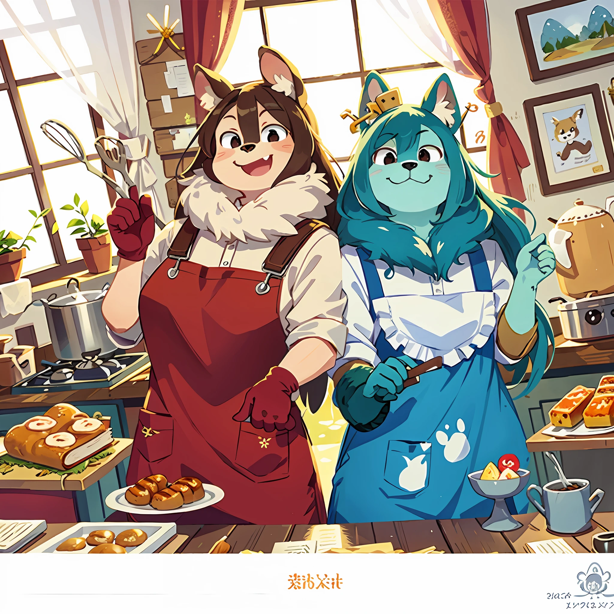 Top quality, picture book cover, watercolor, fancy, four-headed, pale color (log house, kitchen) (very detailed beautiful face and eyes) perfect anatomy (beastman) (beastman, cooking aprons, mittens, sweets, happily cooking newlyweds) (furry antro: 1.2) (animal facial features of furry body) (animal muzzle very detailed fur) whole body, Two people look at each other and smile (dynamic pose),