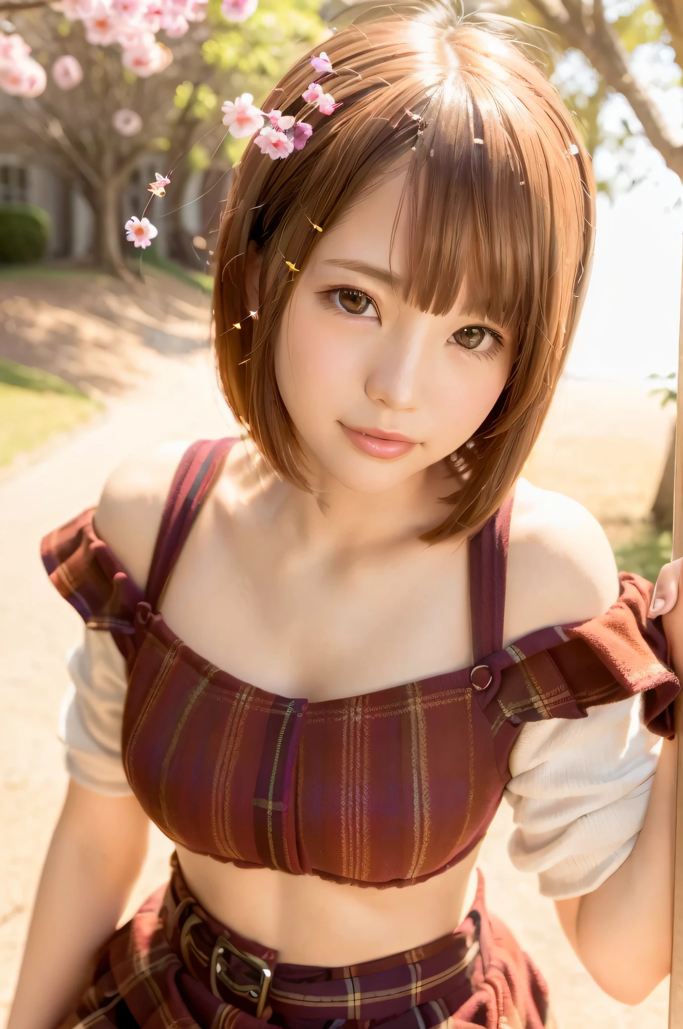 Girl 1 person, lips, lipstick, plaid, plaid skirt, realistic, skirt, knit, solo, standing, top quality, photorealistic, masterpiece, 8k, high resolution, solo, (female))), (middle breast), (((viewer)), (looking at camera), (short hair), (professional lighting, bokeh), angle view from above, highly detailed face, Fashionable and trendy atmosphere, Japan, street, park, cherry blossoms, (((day)), (portrait: 0.6), seductive smile, gorgeous floating hair, (light particles, lens flares, glowing particles: 0.6), (dynamic pose: 1.2), soft lighting, brown hair, full body, thin face, (small breasts: 1)
