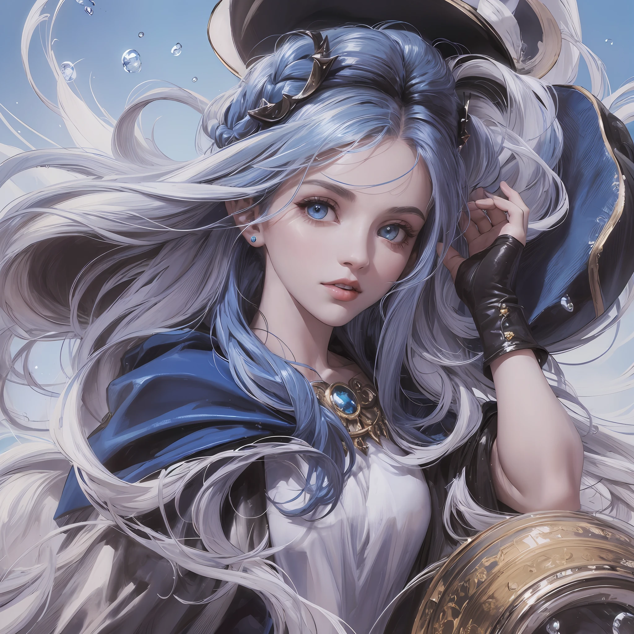 Roxi Miguldia, 1 young girl, bangs, black tiara, sitting by the sea, blue eyes, blue hair, braids, brown cape, cape, close up, floating hair, hair between the eyes, hat, long hair, looking at the audience, portrait, solo, water drop, witch hat, (((masterpiece)), blue light, pointed ears, blue background 3D, upper body hair under ears, white shirt, --auto --s2
