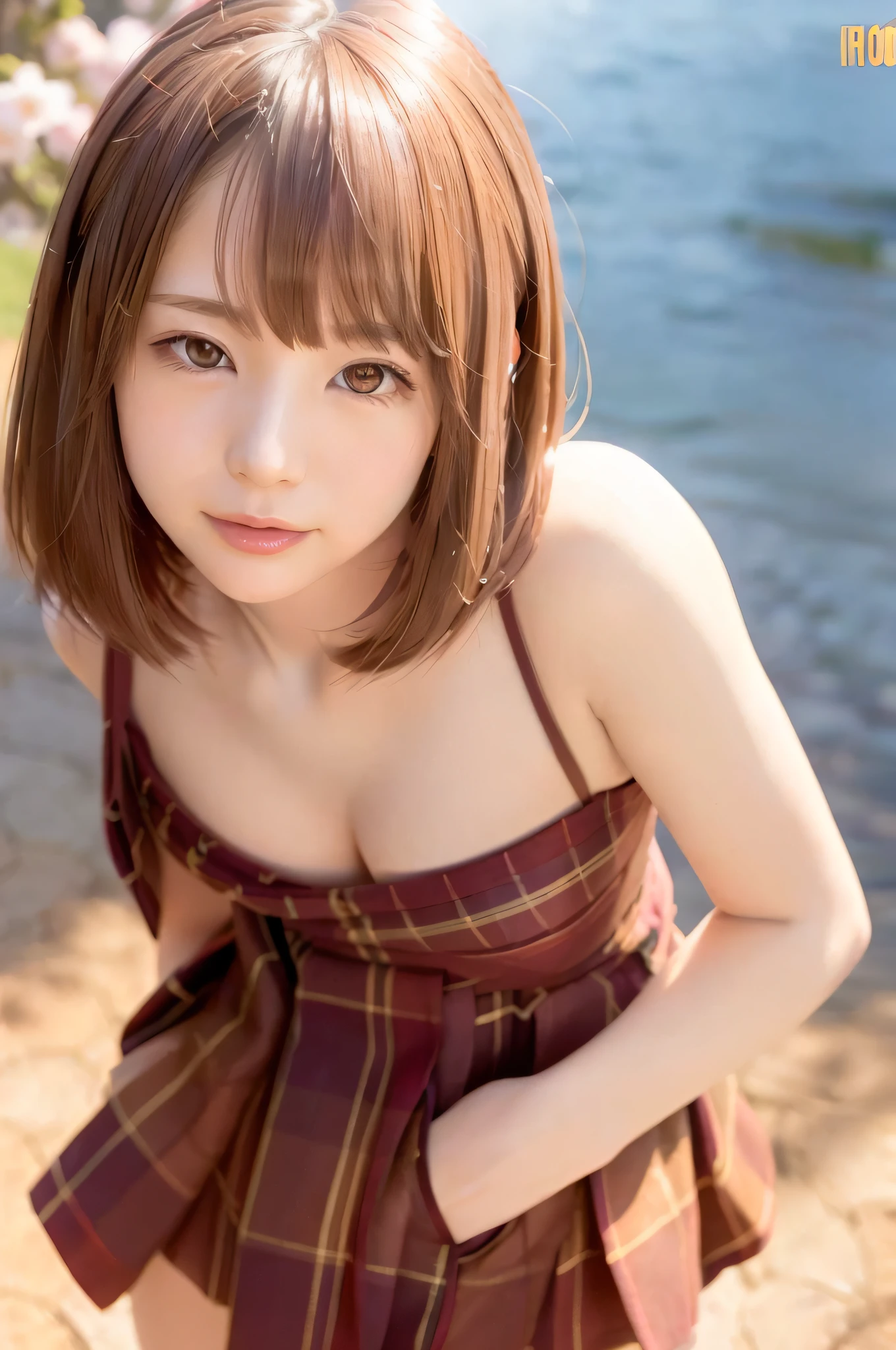 Girl 1 person, lips, lipstick, plaid, plaid skirt, realistic, skirt, knit, solo, standing, top quality, photorealistic, masterpiece, 8k, high resolution, solo, (female))), (middle breast), (((viewer)), (looking at camera), (short hair), (professional lighting, bokeh), angle view from above, highly detailed face, Fashionable and trendy atmosphere, Japan, street, park, cherry blossoms, (((day)), (portrait: 0.6), seductive smile, gorgeous floating hair, (light particles, lens flares, glowing particles: 0.6), (dynamic pose: 1.2), soft lighting, brown hair, full body, thin face, (small breasts: 1)