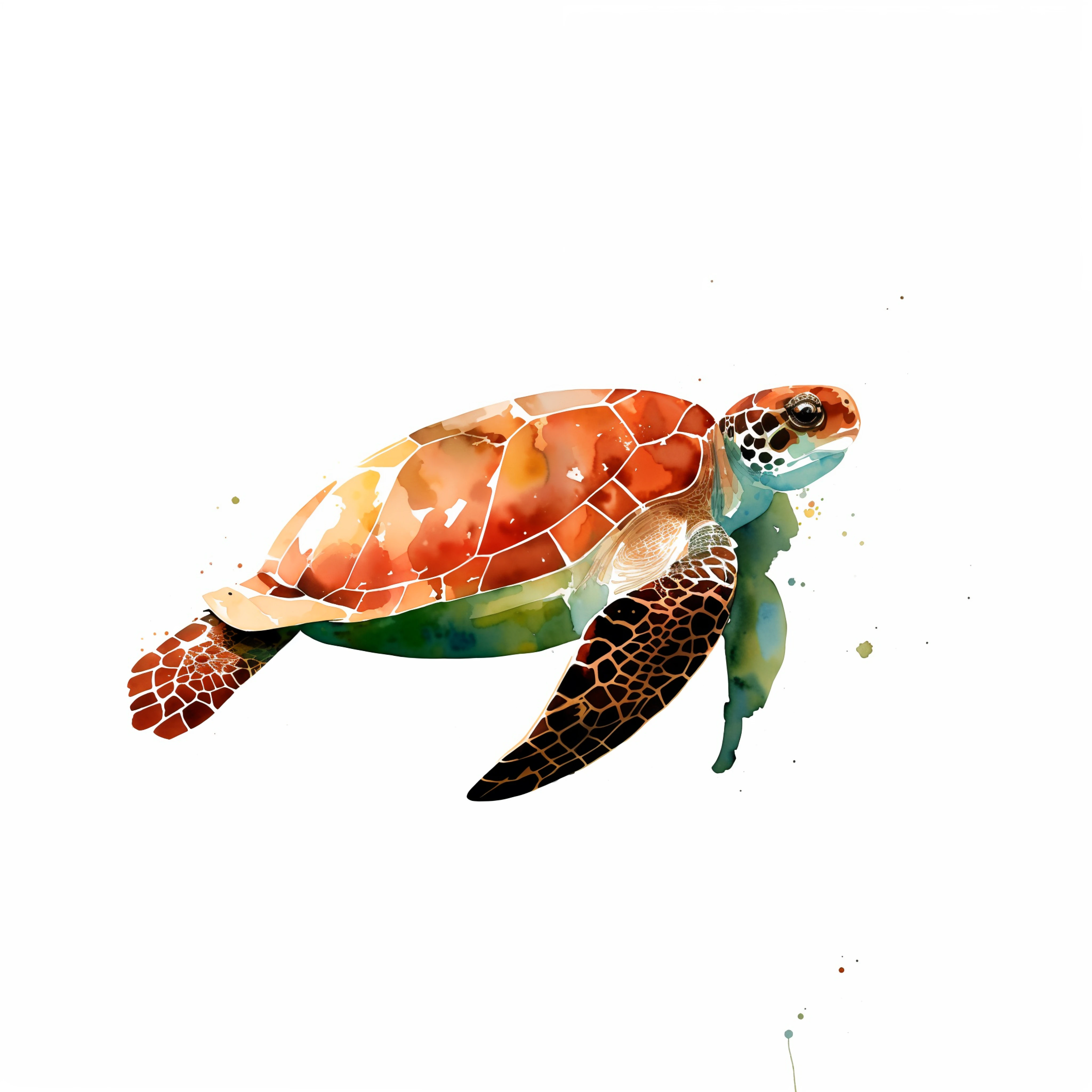 a watercolor painting with a white background a trutle, realistic,ink splash, ink splatter