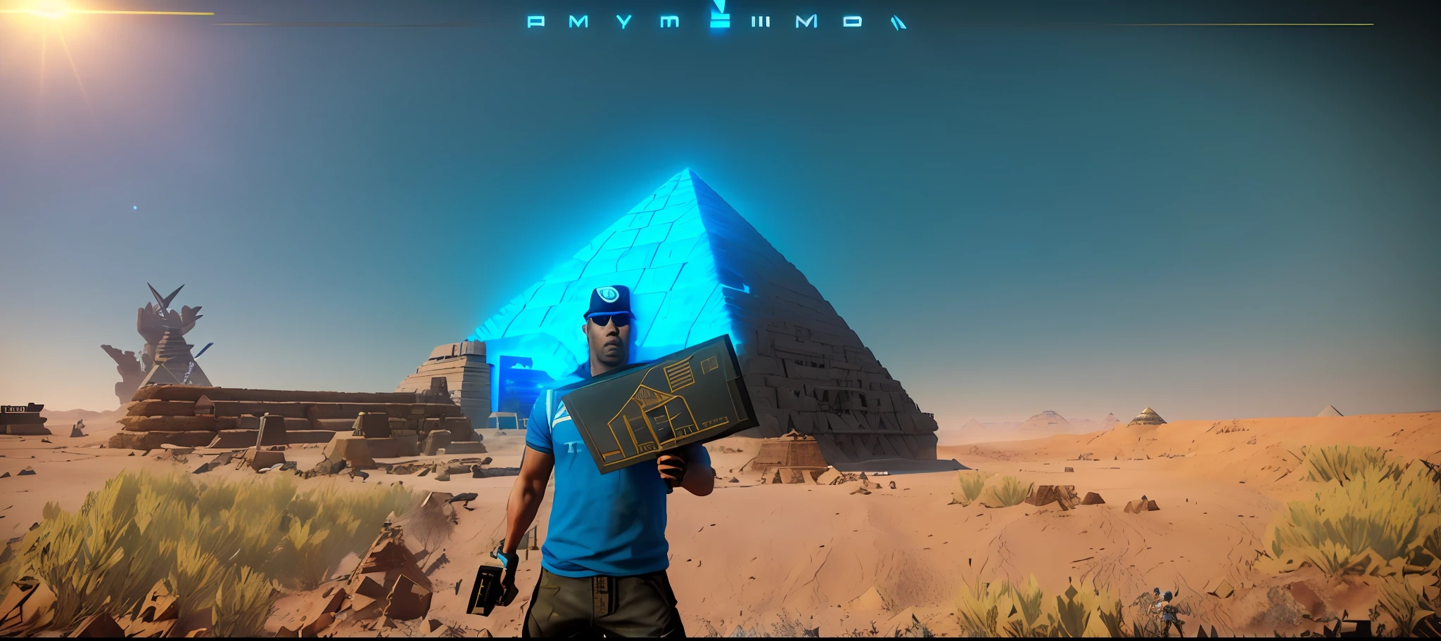 arafed man holding a blue sign in front of a pyramid, pyramid in background, standing in wasteland, created in unreal engine 5, 2020 video game screenshot, standing before ancient ruins, in a post apocalyptic setting, in the cyberpunk countryside, with cryengine, pyramid, hyper realistic content, ancient megastructure pyramid, stargate standing in desert