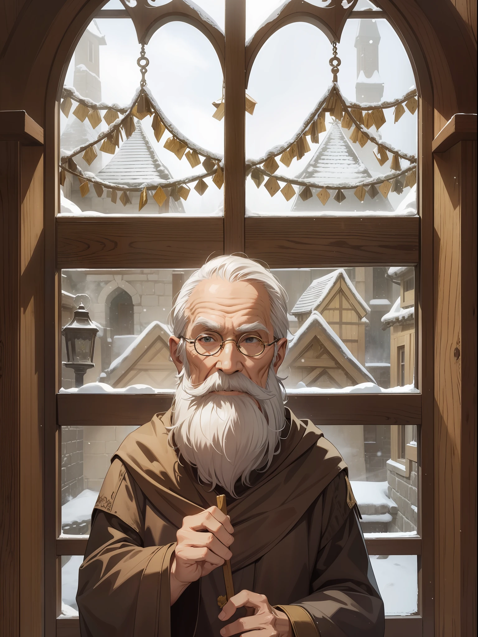 Create a wise and old man an elder of a temple he is in a room made of wood in a medieval environment through the window in the background of the image we can see that it is winter with the snow outside