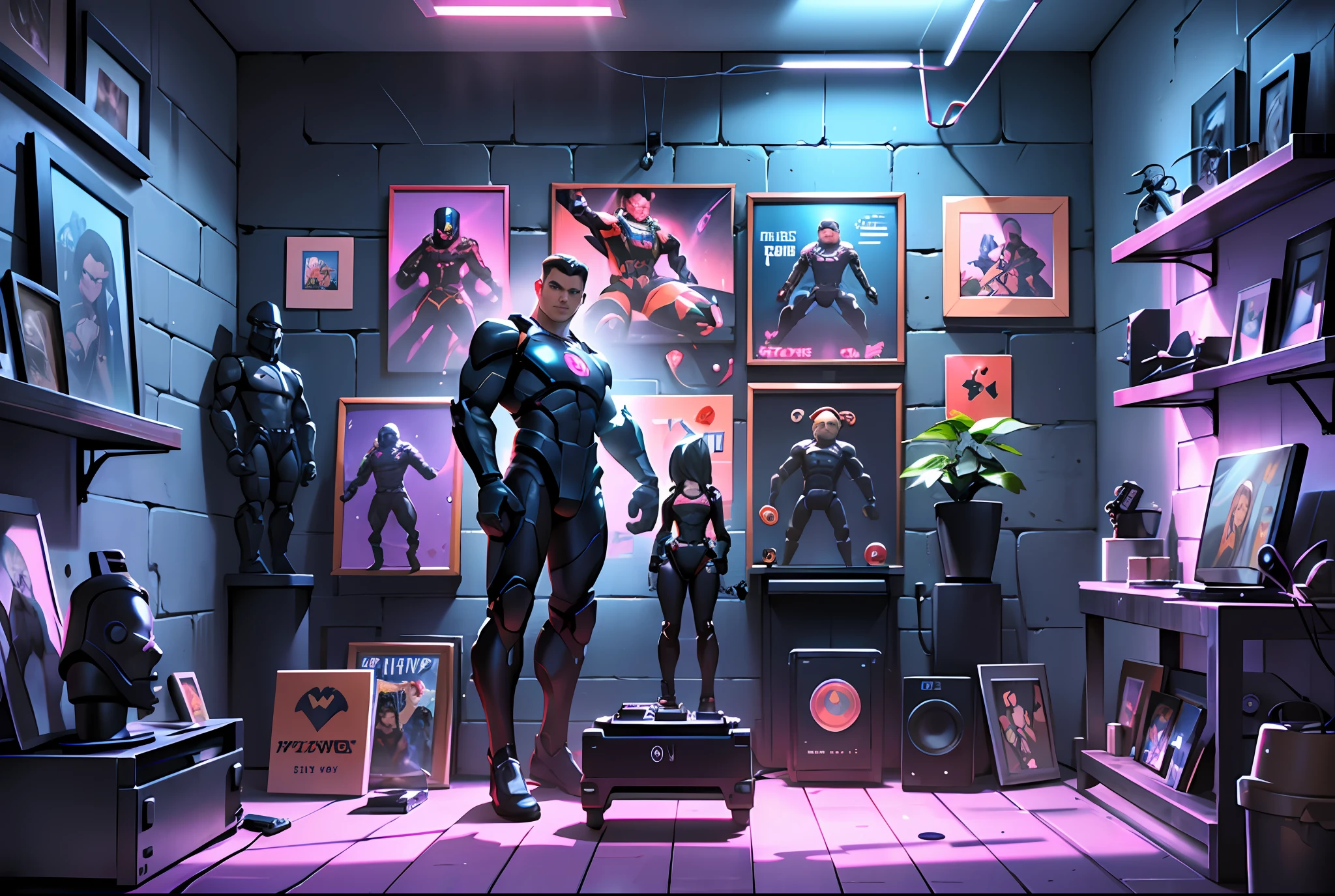 A vibrant and unique environment for your podcast. The room is lit by lilac neon lights, with a brick wall as a chrome backdrop. On the shelf, there are action figures and digital art in NFT format cut hanging picture frames with pop heroes