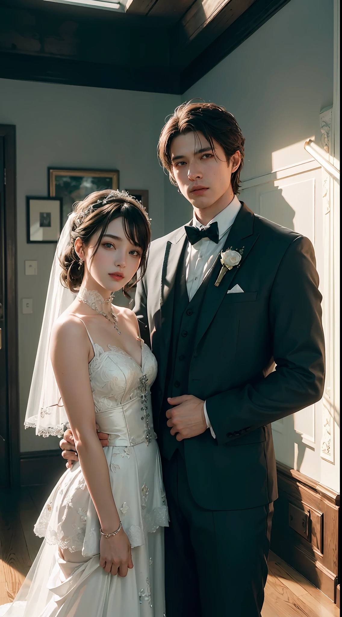 ((Best quality)), ((masterpiece)), (detailed:1.4), male and female couple, 3D, an image of a sweet young couple wearing full covered wedding outfits, man wearing tuxedo ((dynamic expressions)) HDR (High Dynamic Range),Ray Tracing,NVIDIA RTX,Super-Resolution,Unreal 5,Subsurface scattering,PBR Texturing,Post-processing,Anisotropic Filtering,Depth-of-field,Maximum clarity and sharpness,Multi-layered textures,Albedo and Specular maps,Surface shading,Accurate simulation of light-material interaction,Perfect proportions,Octane Render,Two-tone lighting,Wide aperture,Low ISO,White balance,Rule of thirds,8K RAW,