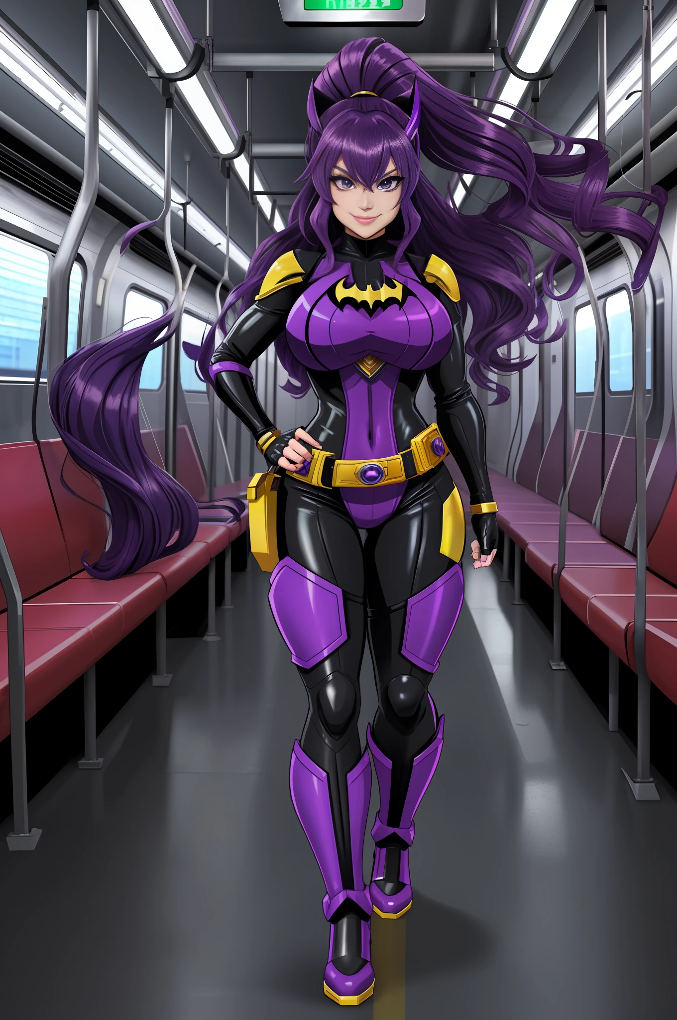 Image 16k, Unreal Engine 5, Disney/Anime style, Mortal Kombat/Kamen Rider Universe,, full body photo of a woman/Kamen Rider/Batman/Mega Man-x, she has long purple hair curly lizo, breasts1, huge, extremely tight clothing on the body, looking at the smiling viewer, holding futuristic weapons, on an empty subway train
