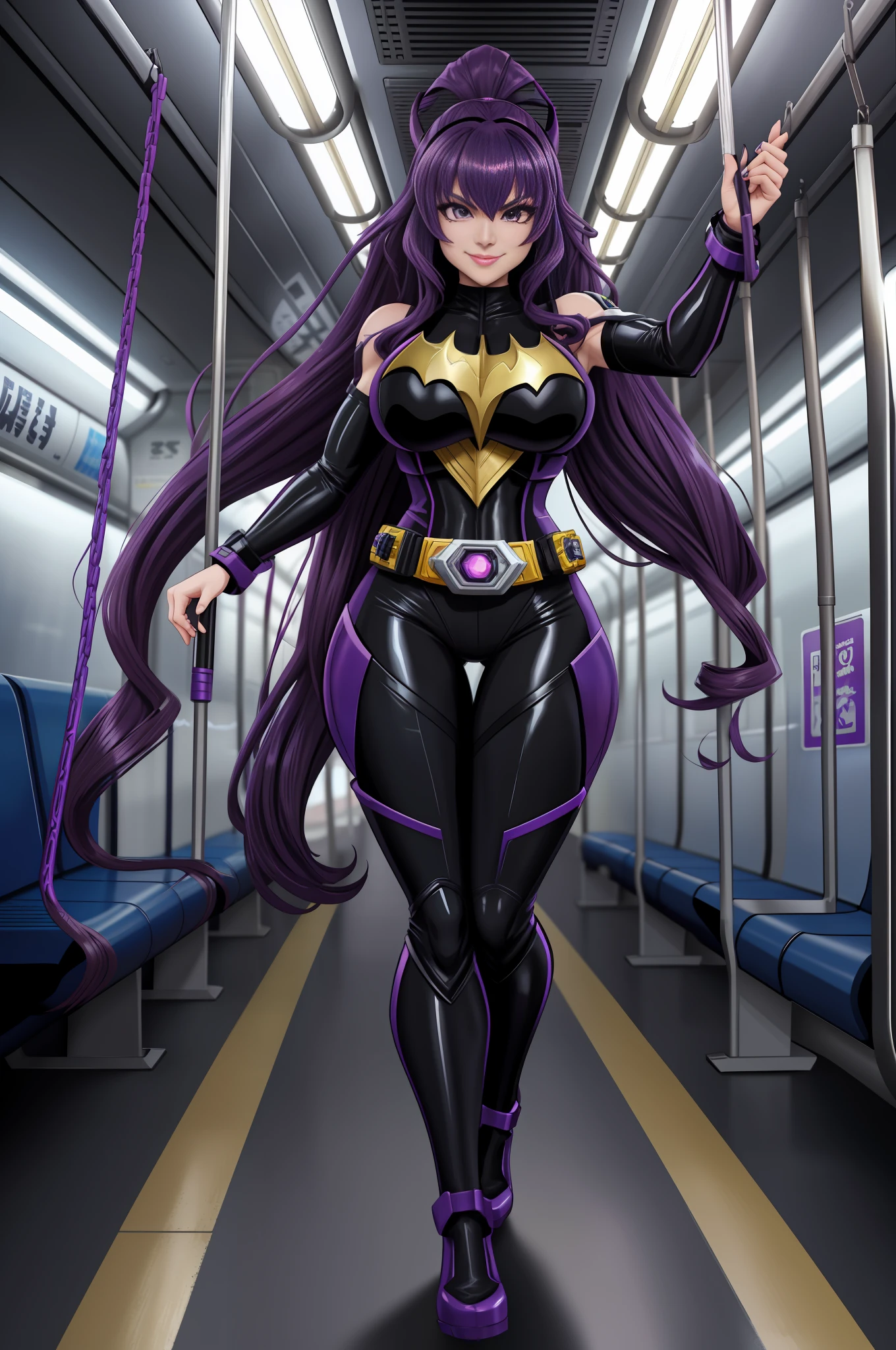 Image 16k, Unreal Engine 5, Disney/Anime style, Mortal Kombat/Kamen Rider Universe,, full body photo of a woman/Kamen Rider/Batman/Mega Man-x, she has long purple hair curly lizo, breasts1, huge, extremely tight clothing on the body, looking at the smiling viewer, holding futuristic weapons, on an empty subway train