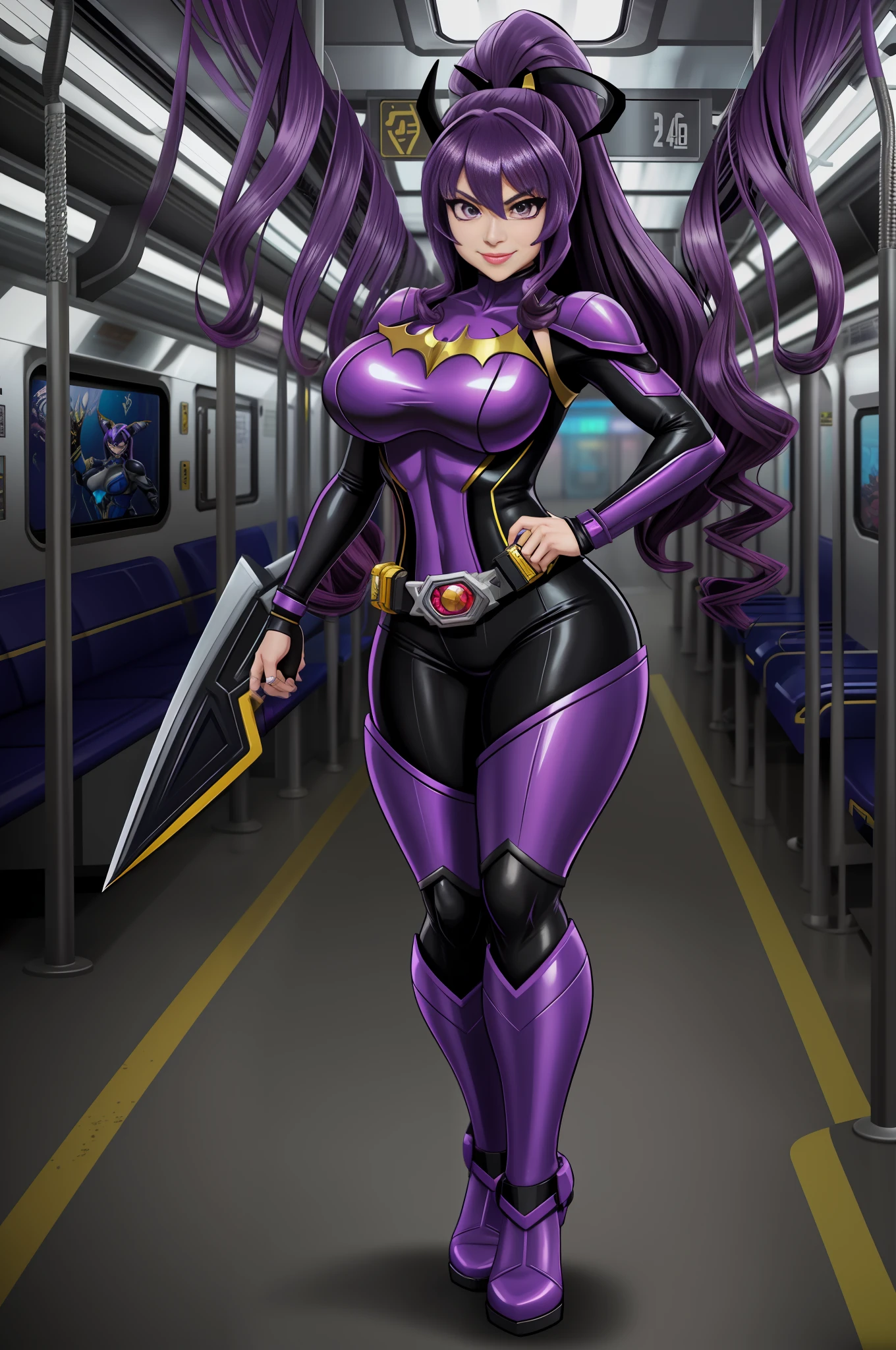 Image 16k, Unreal Engine 5, Disney/Anime style, Mortal Kombat/Kamen Rider Universe,, full body photo of a woman/Kamen Rider/Batman/Mega Man-x, she has long purple hair curly lizo, breasts1, huge, extremely tight clothing on the body, looking at the smiling viewer, holding futuristic weapons, on an empty subway train