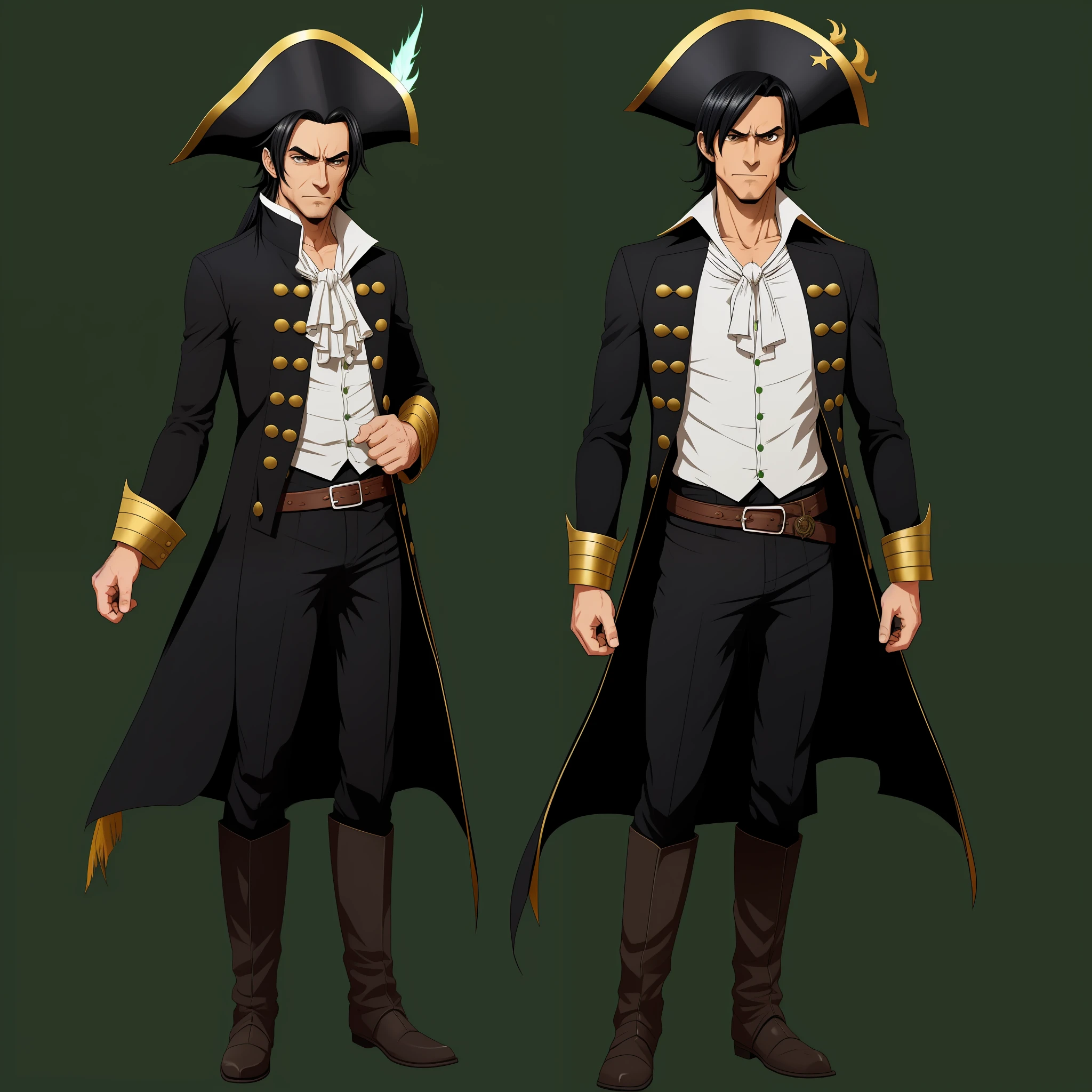 Portrait of a 2d character, a man dressed up in a pirate costume, 45 years old, black hair and eyes, slender body, strong legs, (wearing a black felt tricorn with a green plume), wearing white shirt and a black velvet coat, shorts, eye patch, side view, front view, perspective view, ((face with tired and spiteful expression)), (character expression sheet), (pose standard), (((childish style)), white background, quality -- v6