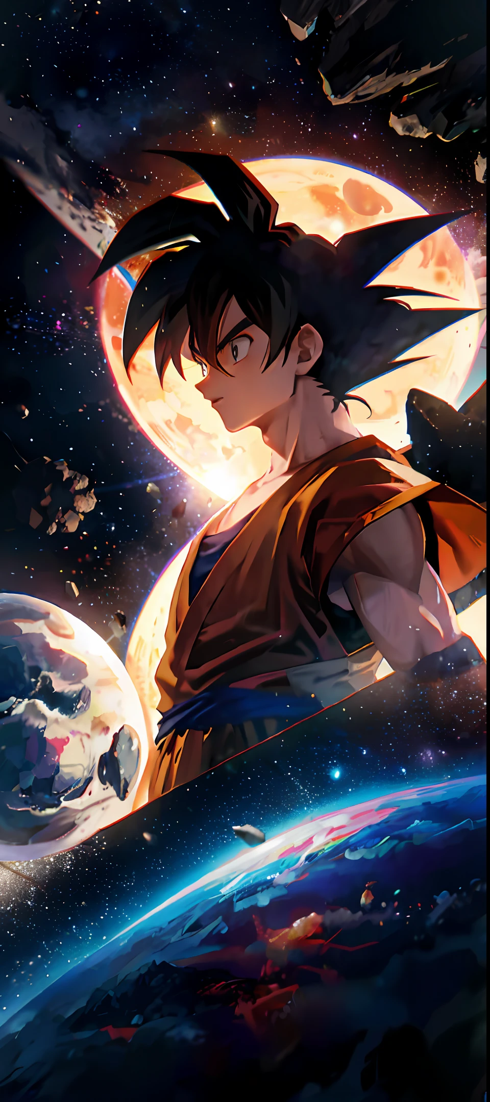 Goku in space with the fleet of spaceships going to meet him