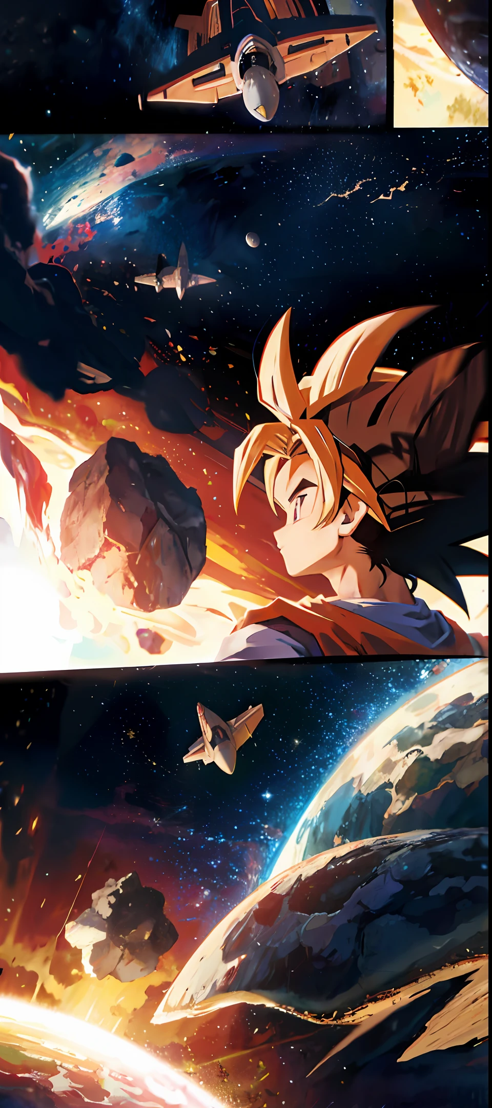 Goku in space with the fleet of spaceships going to meet him