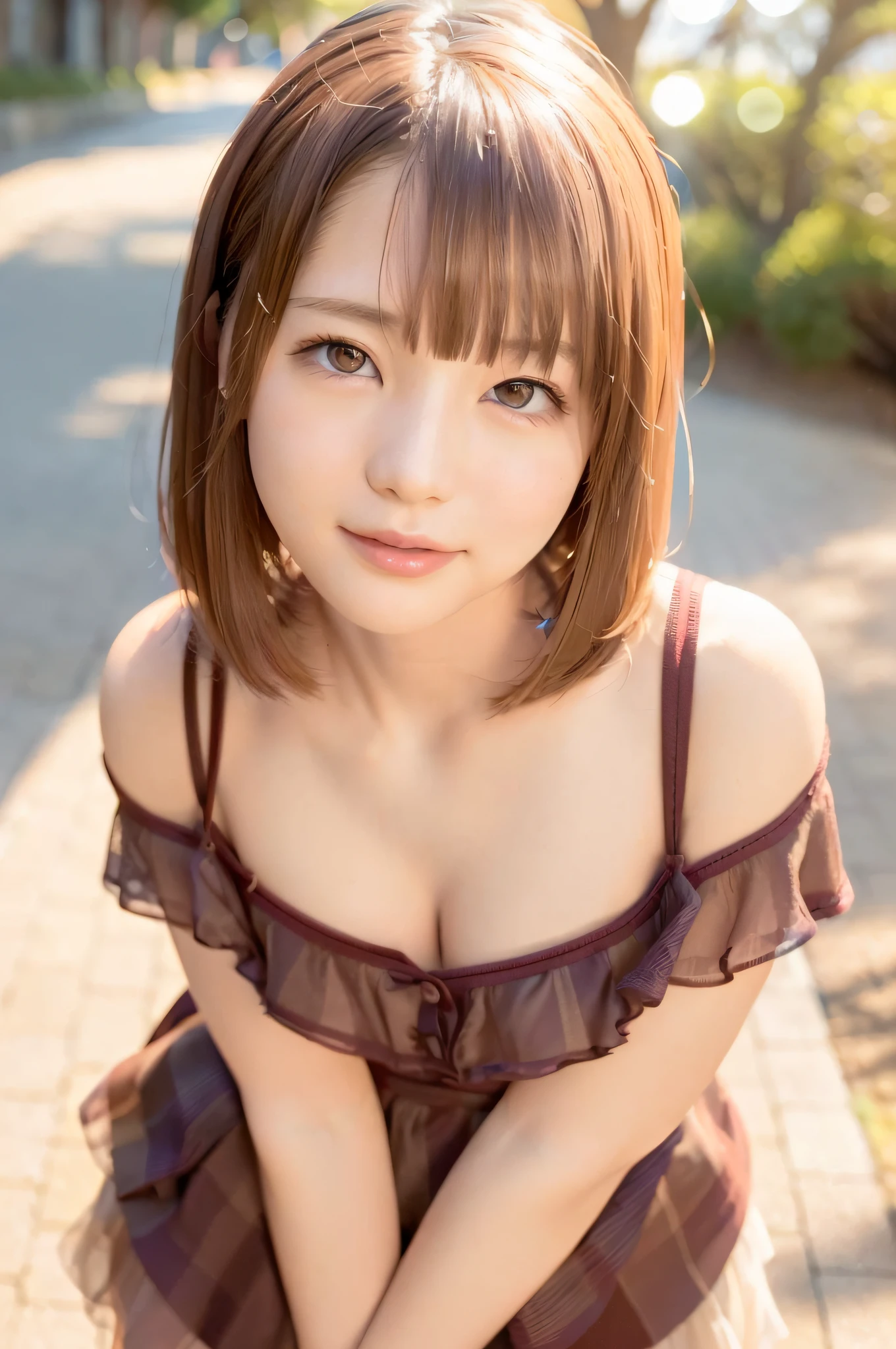 Girl 1 person, 26 years old, lips, lipstick, skirt, realistic, skirt, knit, feminine, solo, standing, top quality, photorealistic, masterpiece, 8k, high resolution, solo, (female)))), (small breasts: 1), (((watching the viewer)), (looking at the camera), (short hair), (professional lighting, bokeh), angle view from above, highly detailed face, Fashionable and trendy atmosphere, Japan, street, park, cherry blossoms, (((day)), (portrait: 0.6), seductive smile, gorgeous floating hair, (light particles, lens flares, glowing particles: 0.6), (dynamic pose: 1.2), soft lighting, brown hair, full body, thin face,