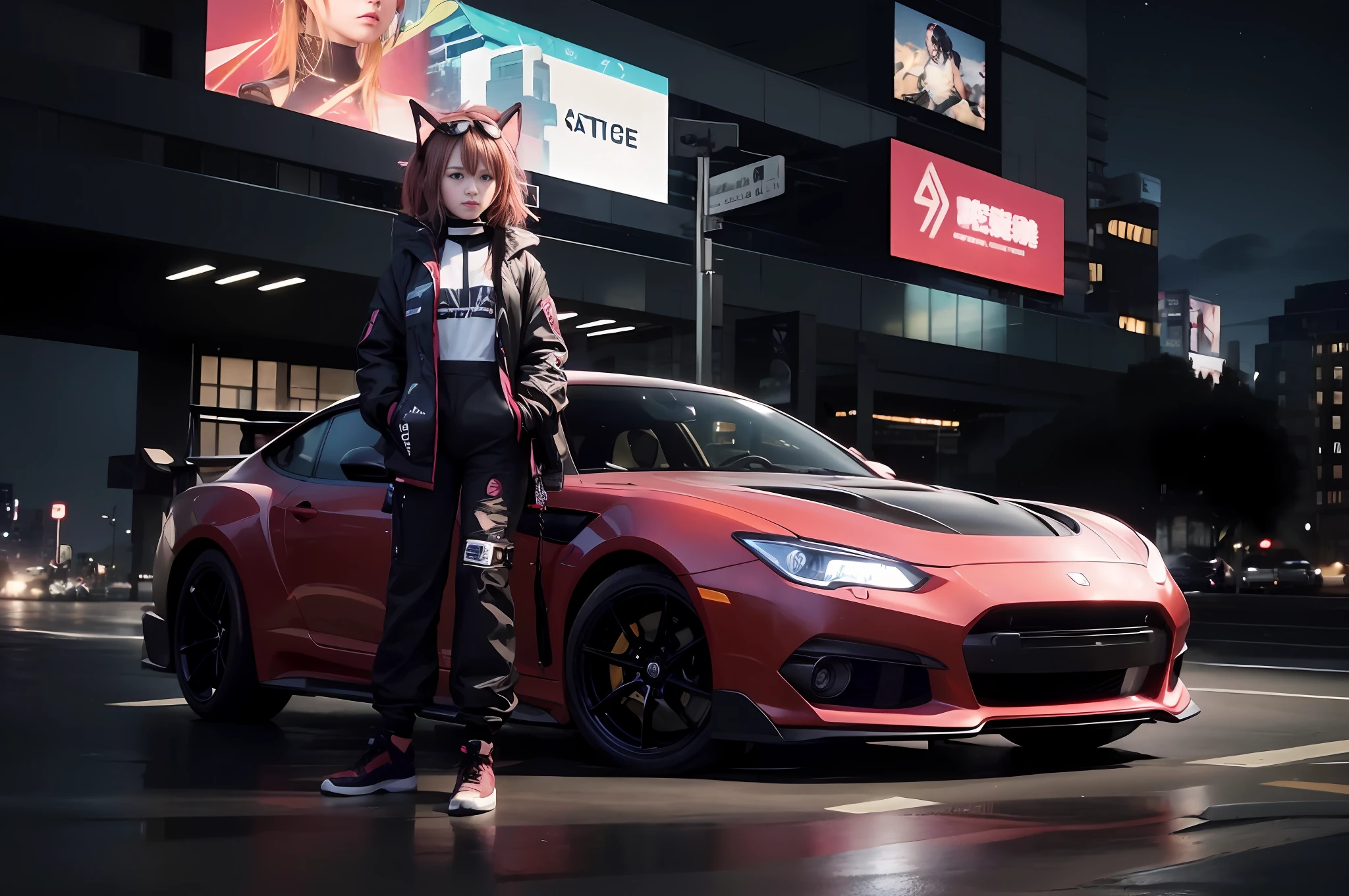 arafed girl standing next to a red sports car in a city, wearing japanese techwear, wearing cyberpunk streetwear, cyberpunk streetwear, gtr xu1, anime girl cosplay, profile picture 1024px, anime style mixed with fujifilm, 2 techwear women, anime car wrap, photograph of a techwear woman, ayaka cosplay, female cyberpunk anime girl