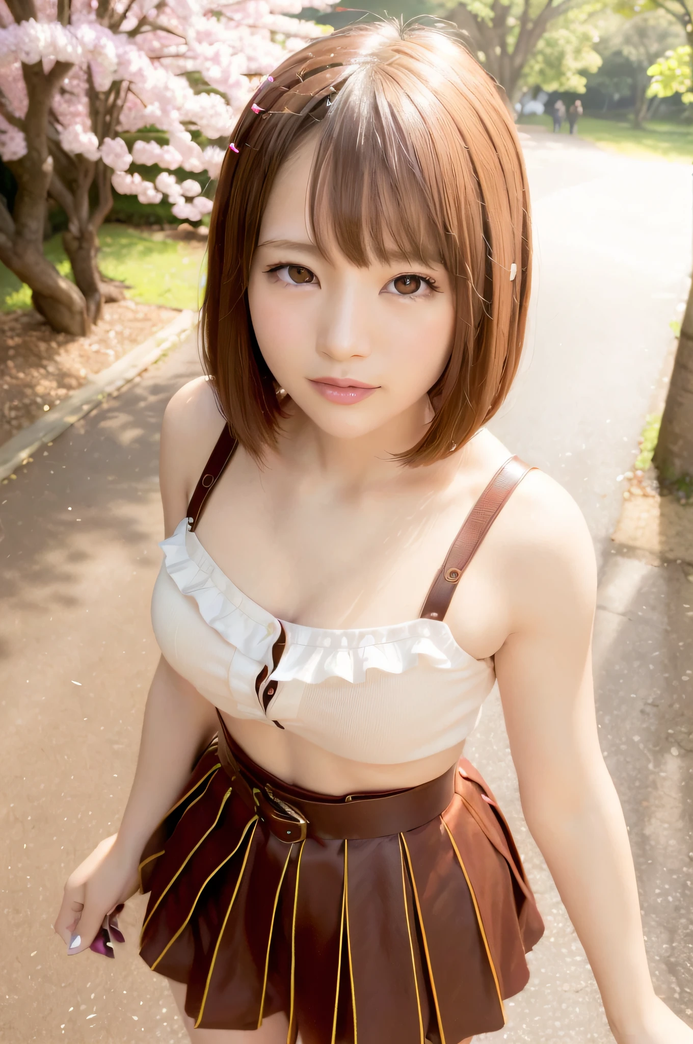 Girl 1 person, 26 years old, lips, lipstick, skirt, realistic, skirt, knit, feminine, solo, standing, top quality, photorealistic, masterpiece, 8k, high resolution, solo, (female)))), (small breasts: 1), (((watching the viewer)), (looking at the camera), (short hair), (professional lighting, bokeh), angle view from above, highly detailed face, Fashionable and trendy atmosphere, Japan, street, park, cherry blossoms, (((day)), (portrait: 0.6), seductive smile, gorgeous floating hair, (light particles, lens flares, glowing particles: 0.6), (dynamic pose: 1.2), soft lighting, brown hair, full body, thin face,